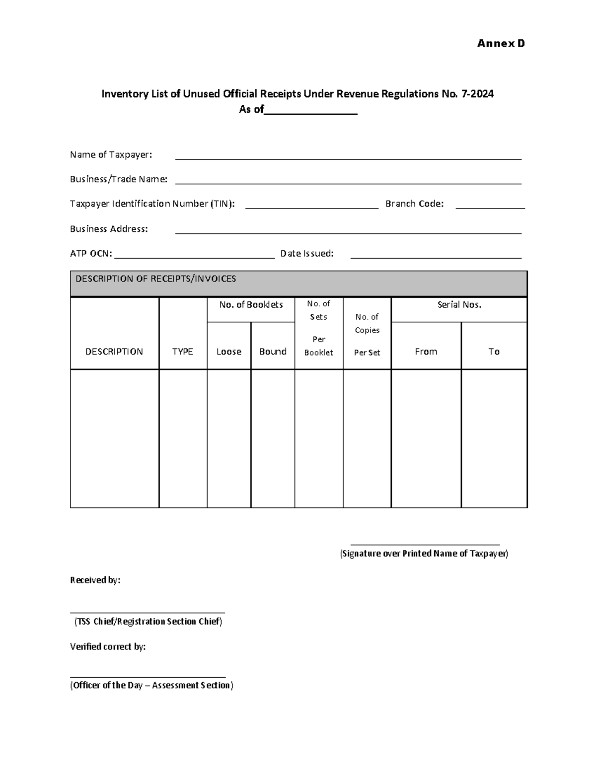 70534 List of UnusedExpired ORs SIs CIs Annex D Annex D Inventory