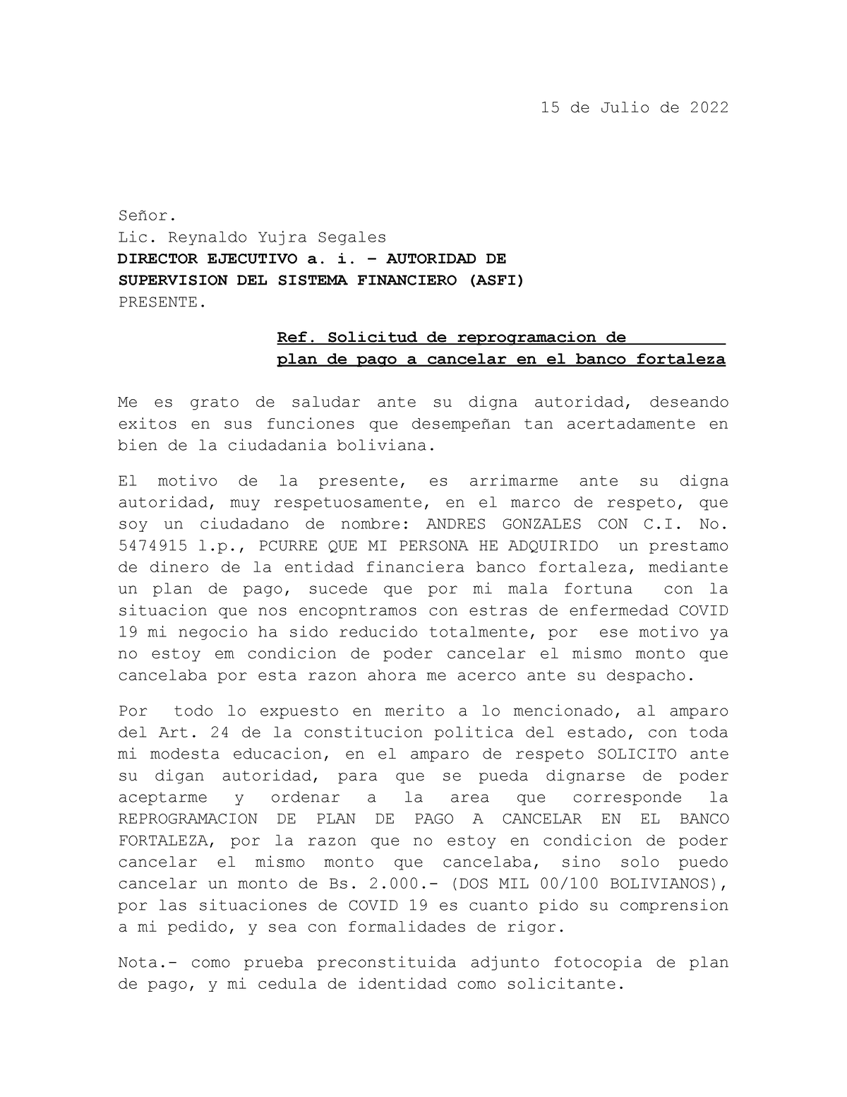 Carta Asfi Oficina Solicitud Plan De Pagos 15 De Julio De 2022 Señor Lic Reynaldo Yujra 