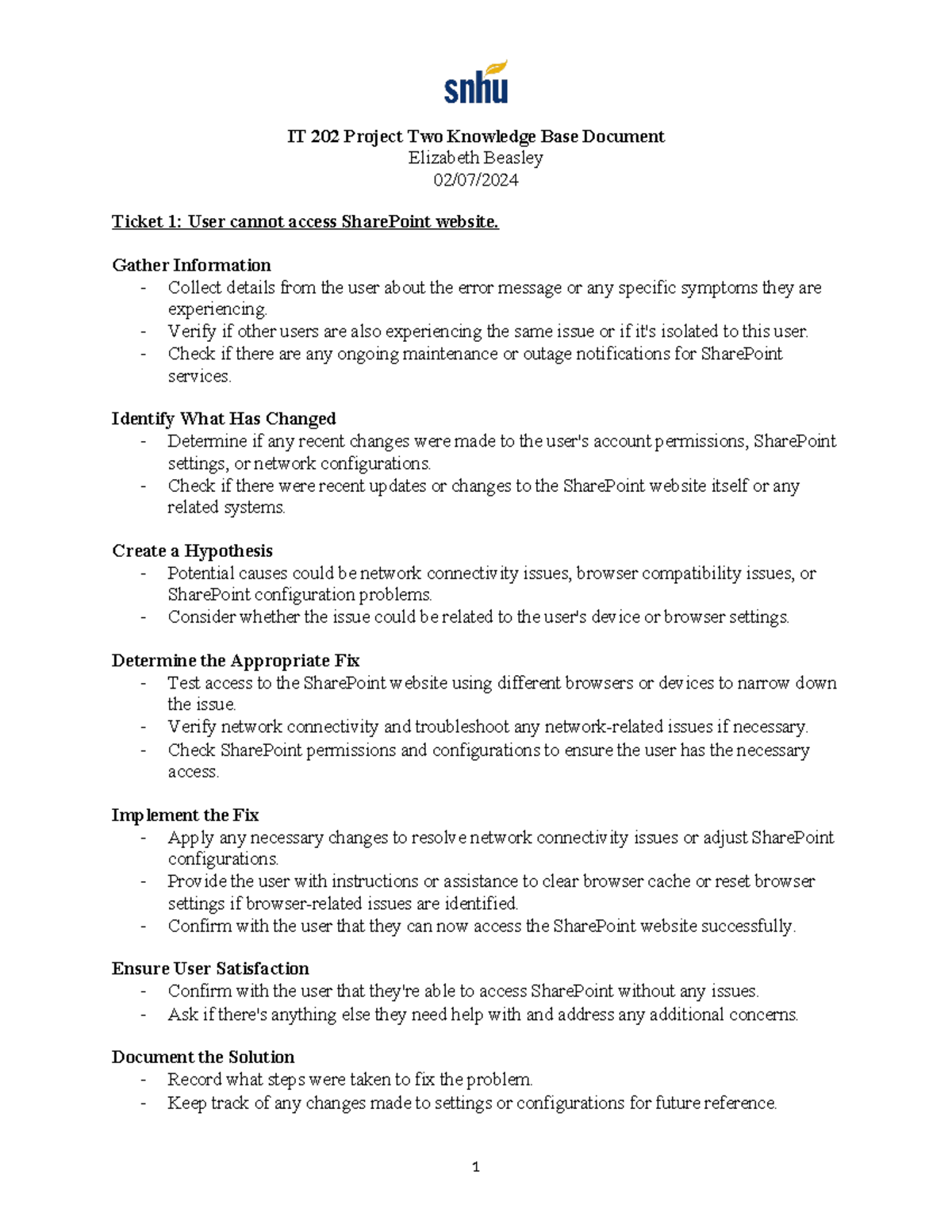 It 202 project 2 beasley it 202 project two knowledge base document
