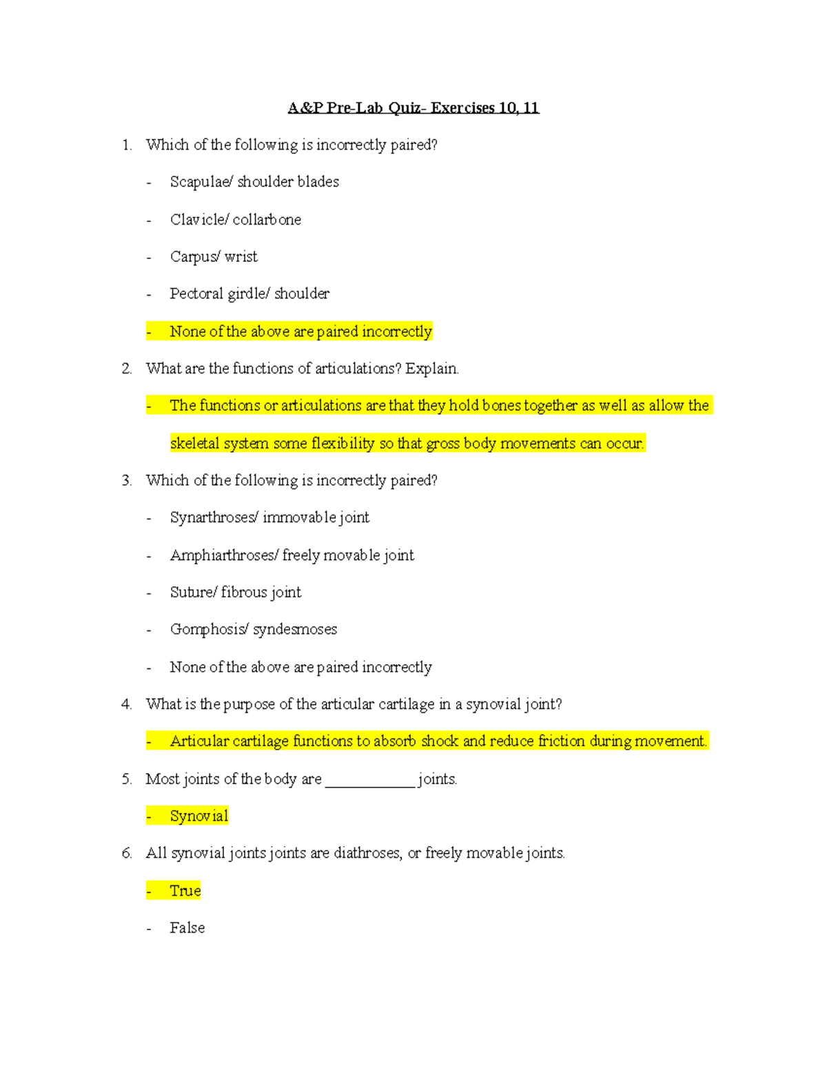 A&P Pre-Lab Quiz- Exercises 10, 11 Answer Key - A&P Pre-Lab Quiz ...