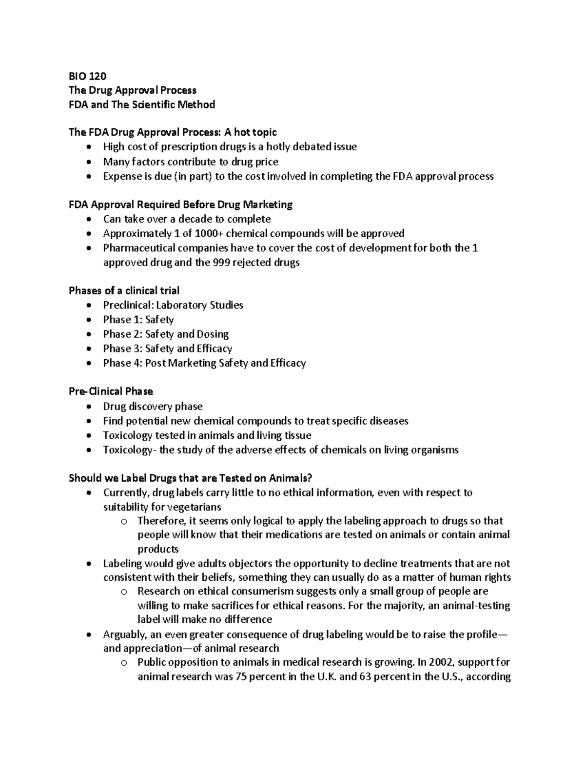 BIO 120 FDA Process - notes to help with tests/quizzes and assignments ...