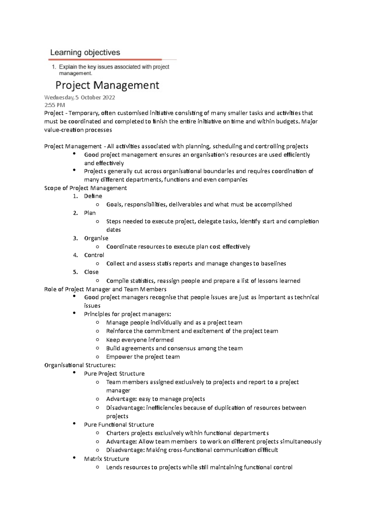Project Management Notes and Examples - Wednesday, 5 October 2022 2:55 ...