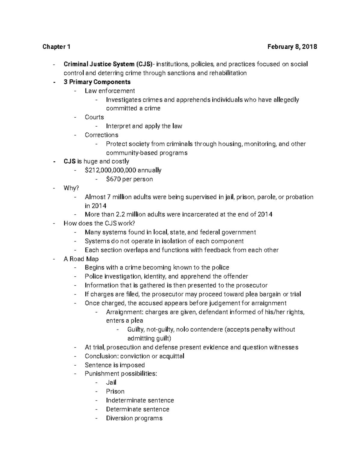 Chapter 1 Notes CRJU - Chapter 1 February 8, 2018 Criminal Justice ...