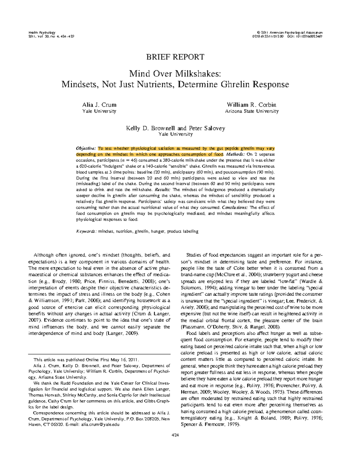 Crum et al 2011 Mind Over Milkshakes Mindsets, Not Just Nutrients ...