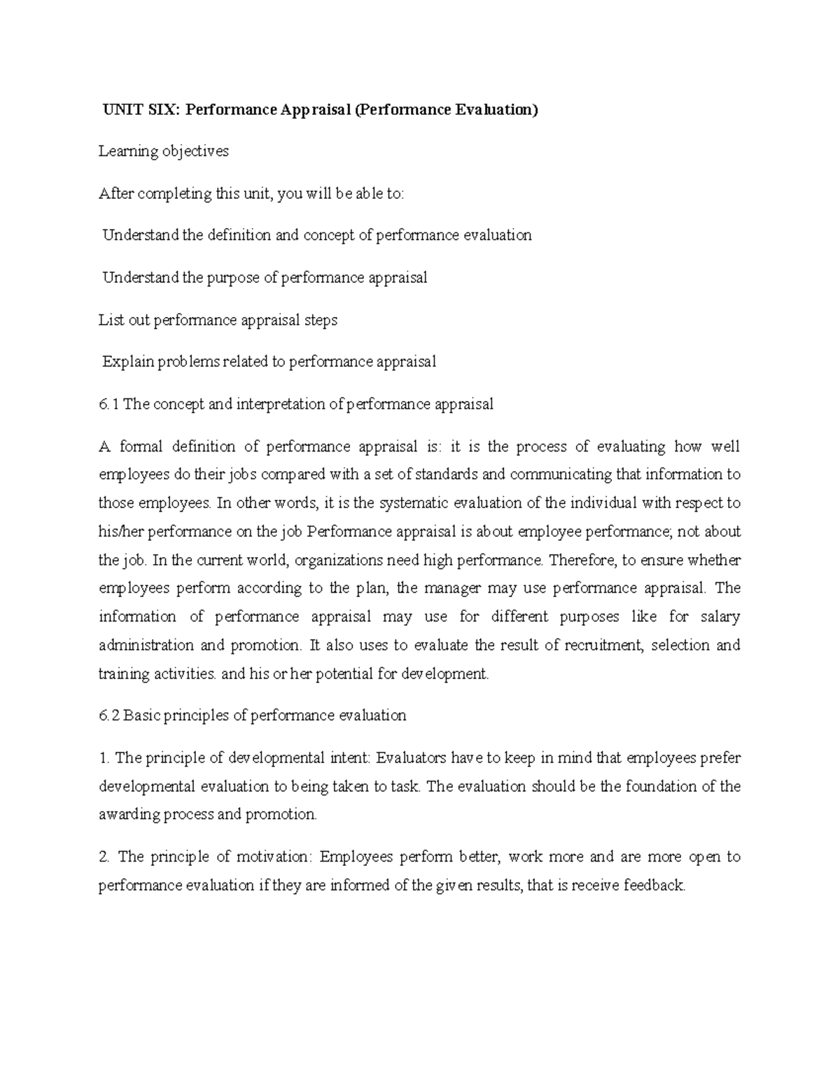UNIT SIX Performance Appraisal - In other words, it is the systematic ...