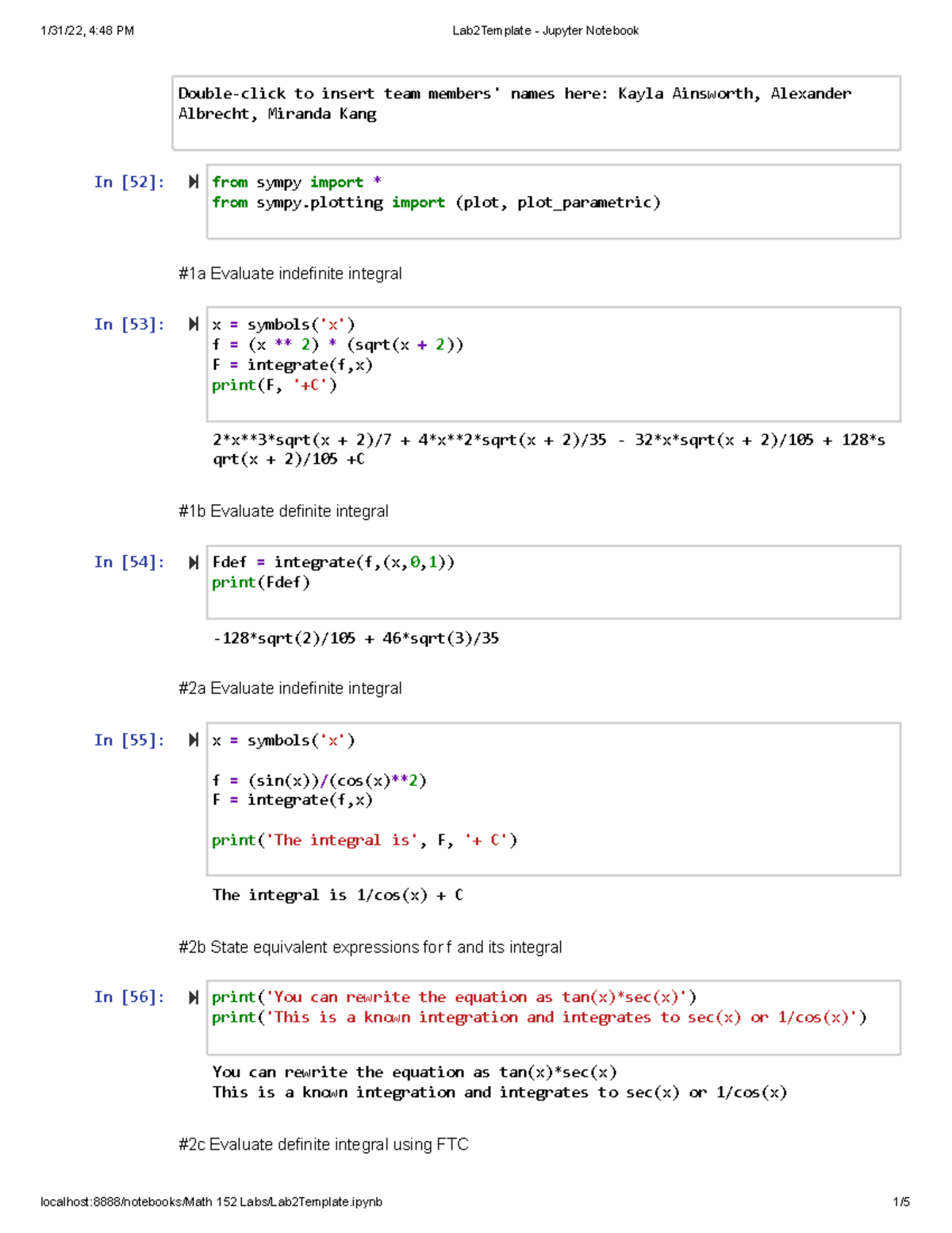 Lab 2 - Calculus 2 python Lab - In [52]: #1a Evaluate indefinite ...