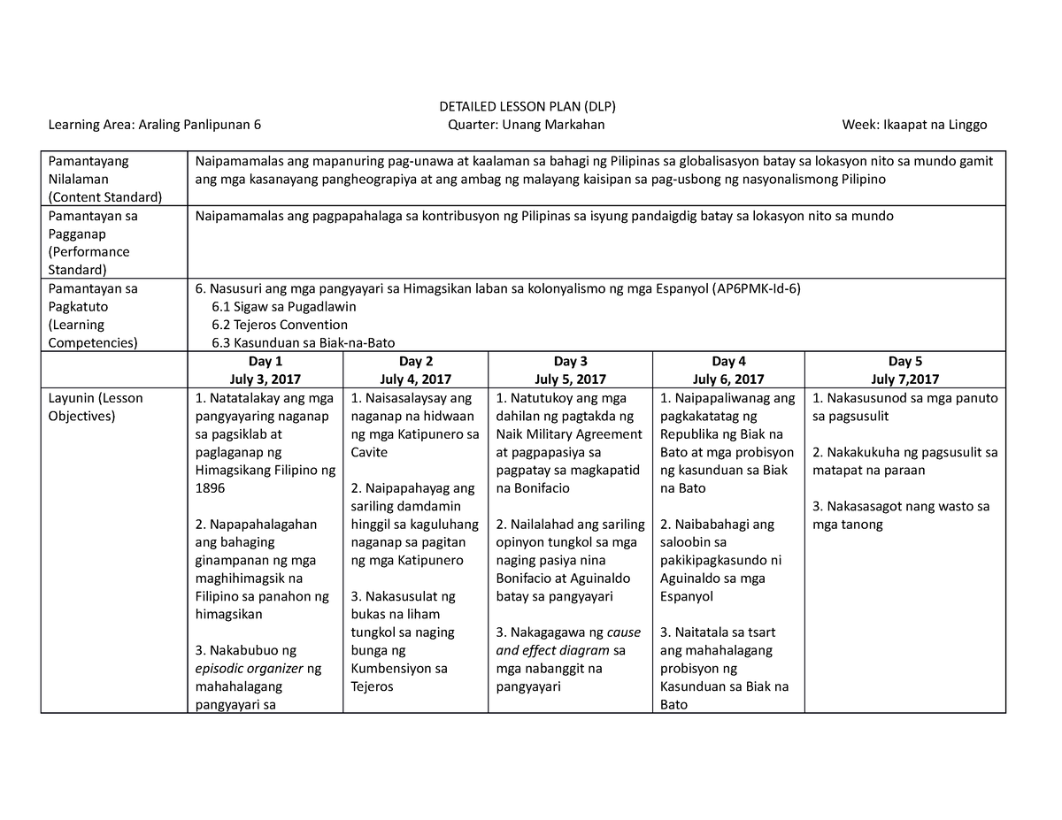 Q1 (WEEK 4) - DLP - DETAILED LESSON PLAN (DLP) Learning Area: Araling ...