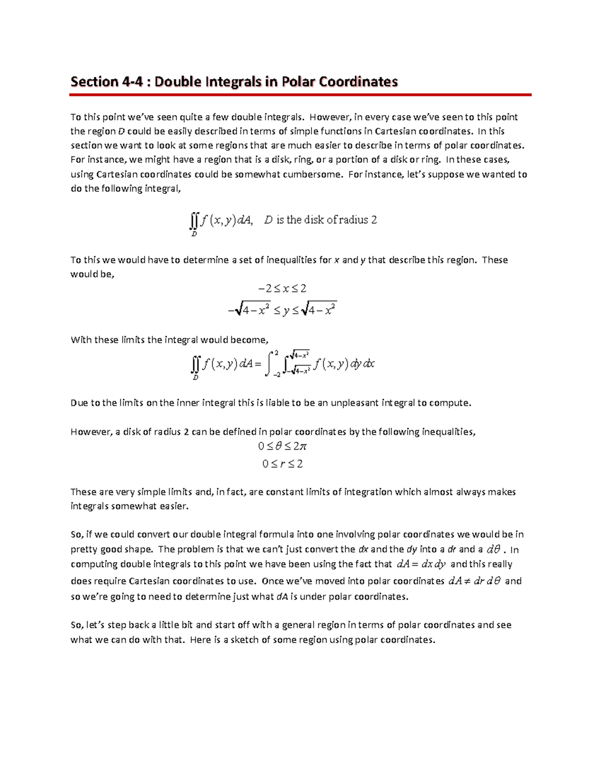 Calc III DIPolar Coords - Section 4-4 : Double Integrals in Polar ...