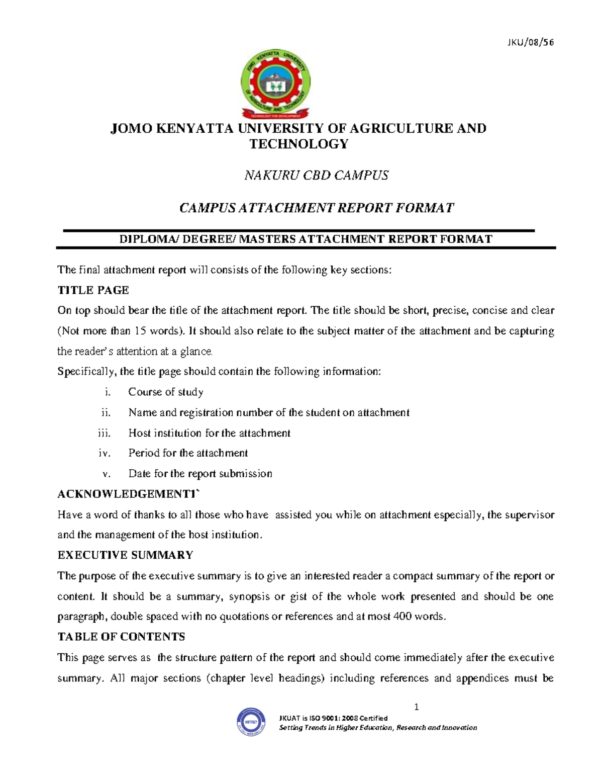 Attachment- Report- Format - JOMO KENYATTA UNIVERSITY OF AGRICULTURE