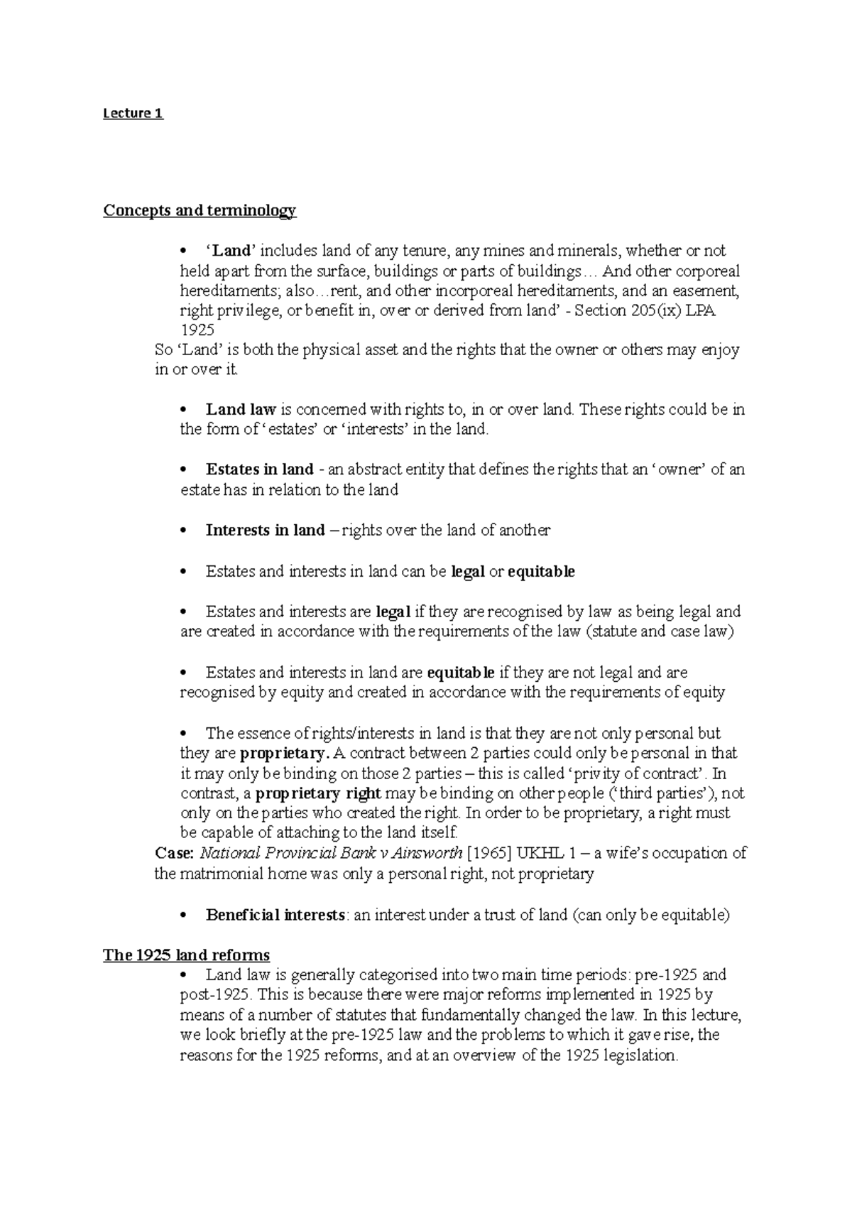 Land law lectures - Lecture notes 1-8 - Lecture 1 Concepts and ...