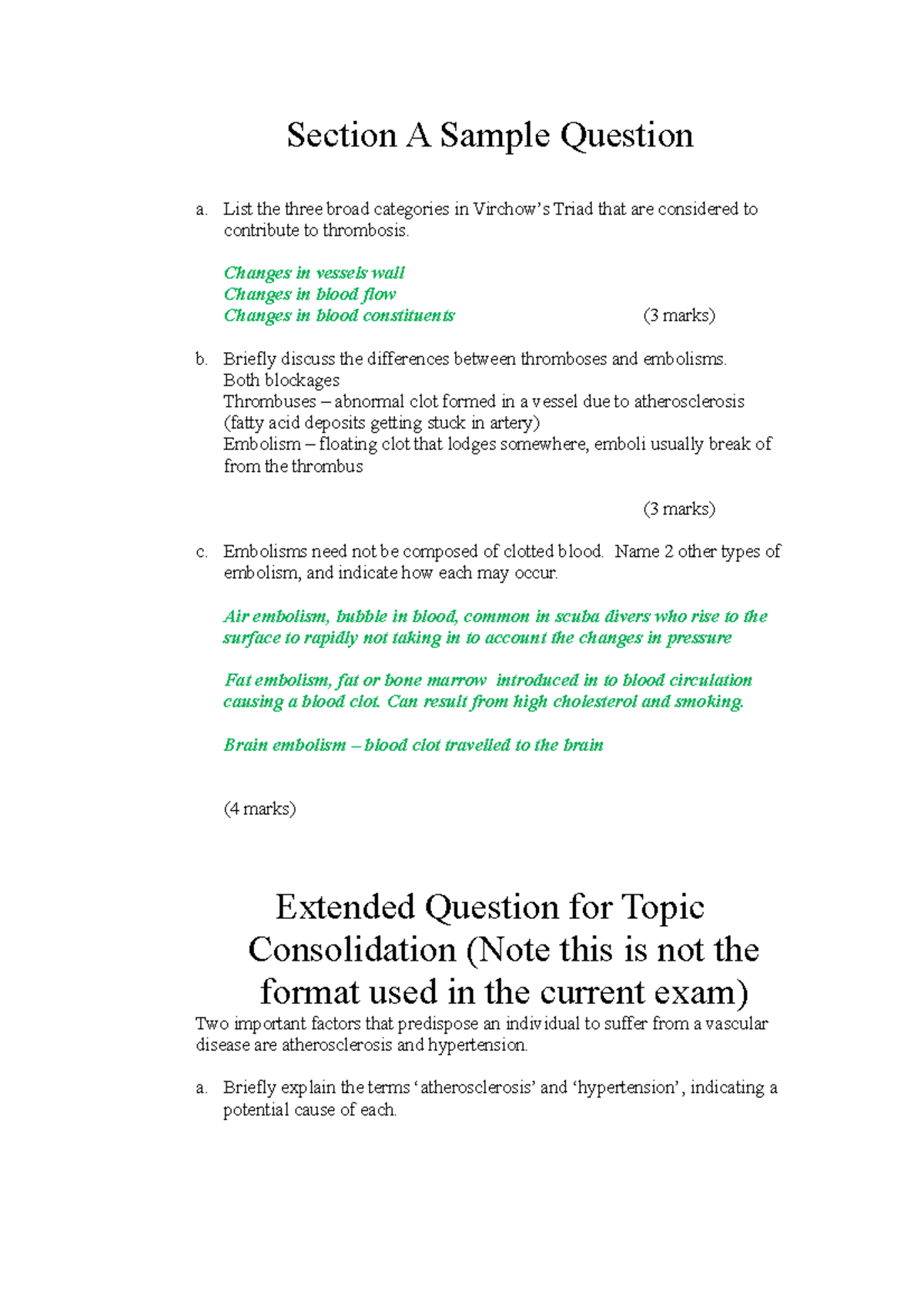 Exam questions for cardiovascular system Section A Sample Question a