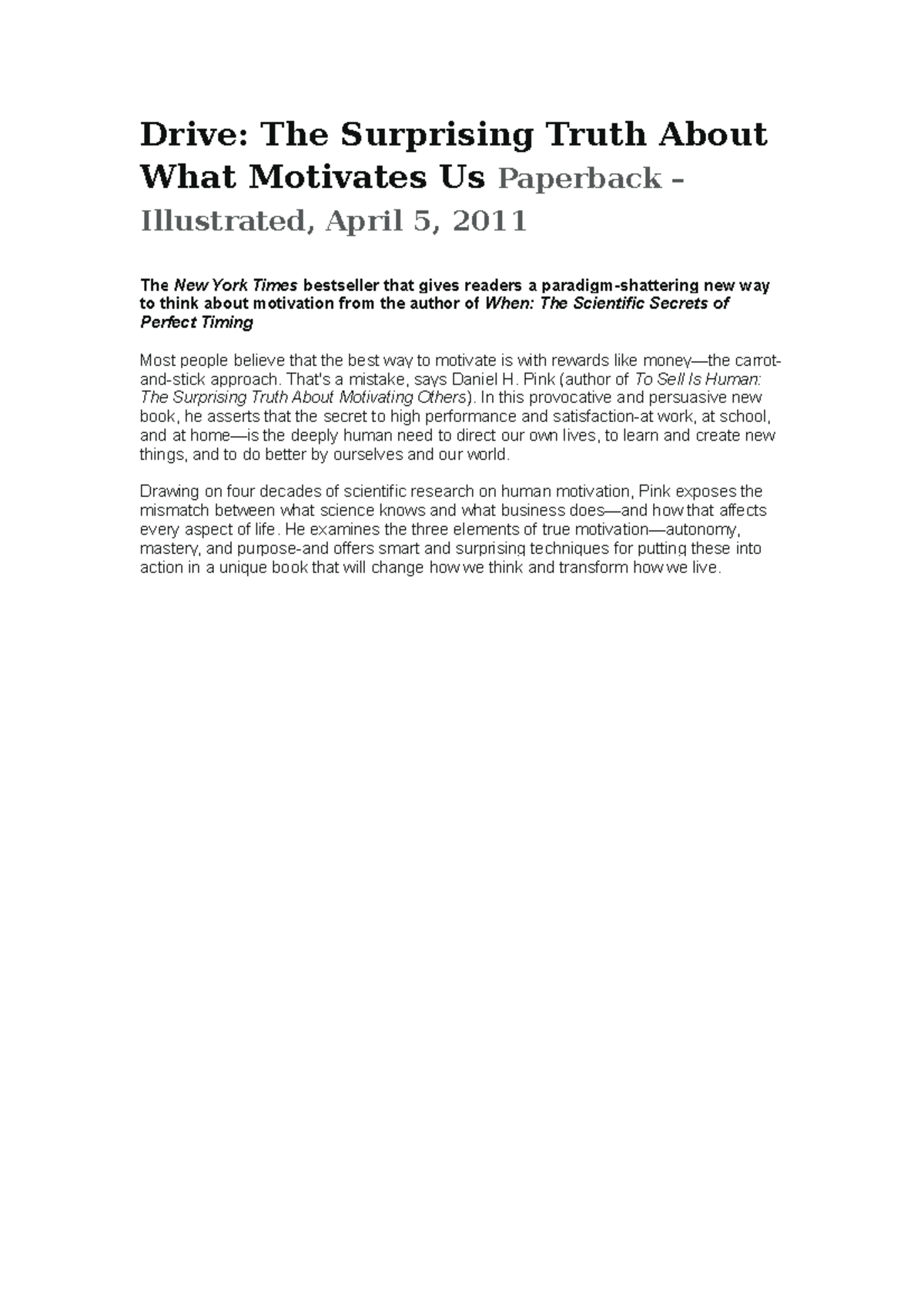 Drive Amazon Drive The Surprising Truth About What Motivates Us