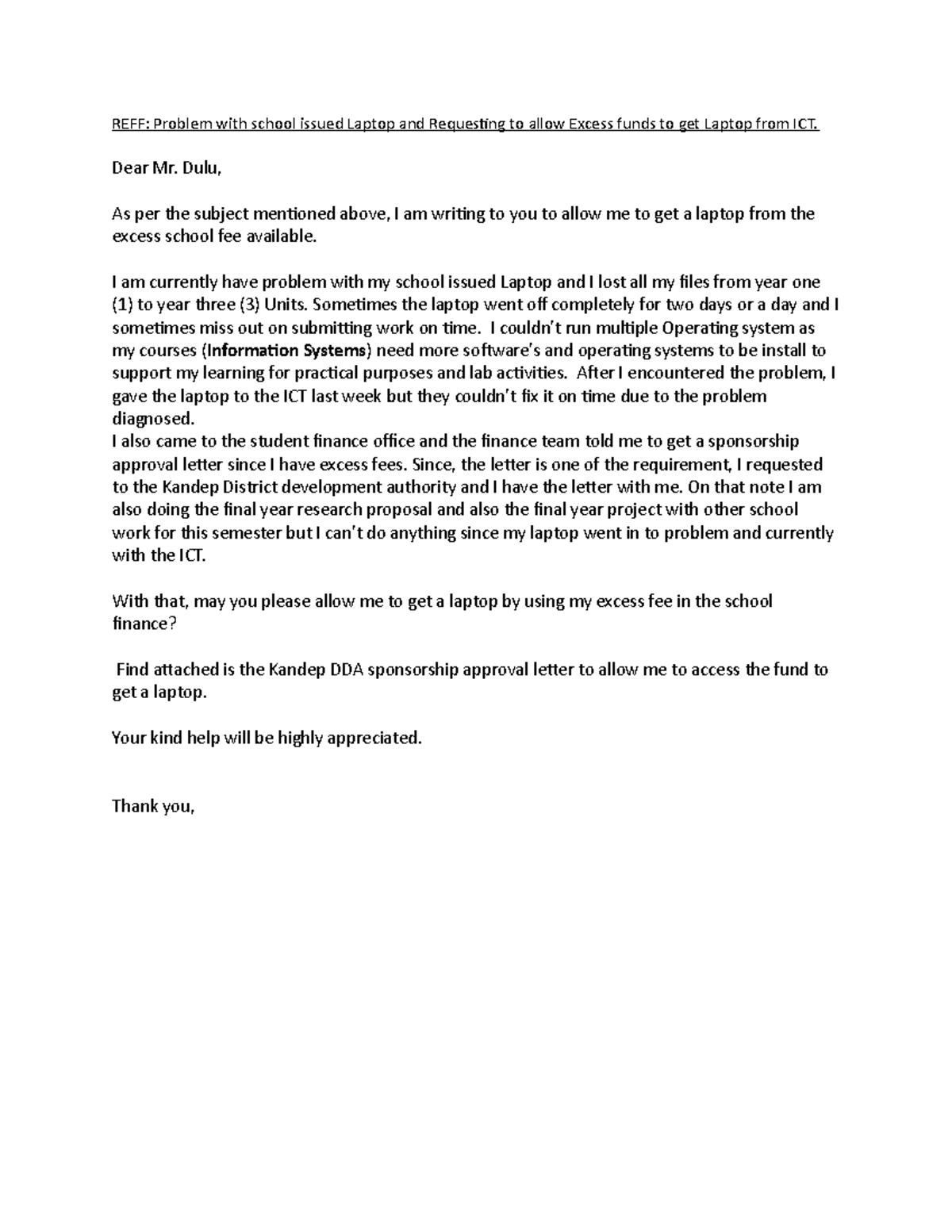 REFF Summary notes REFF Problem with school issued Laptop and