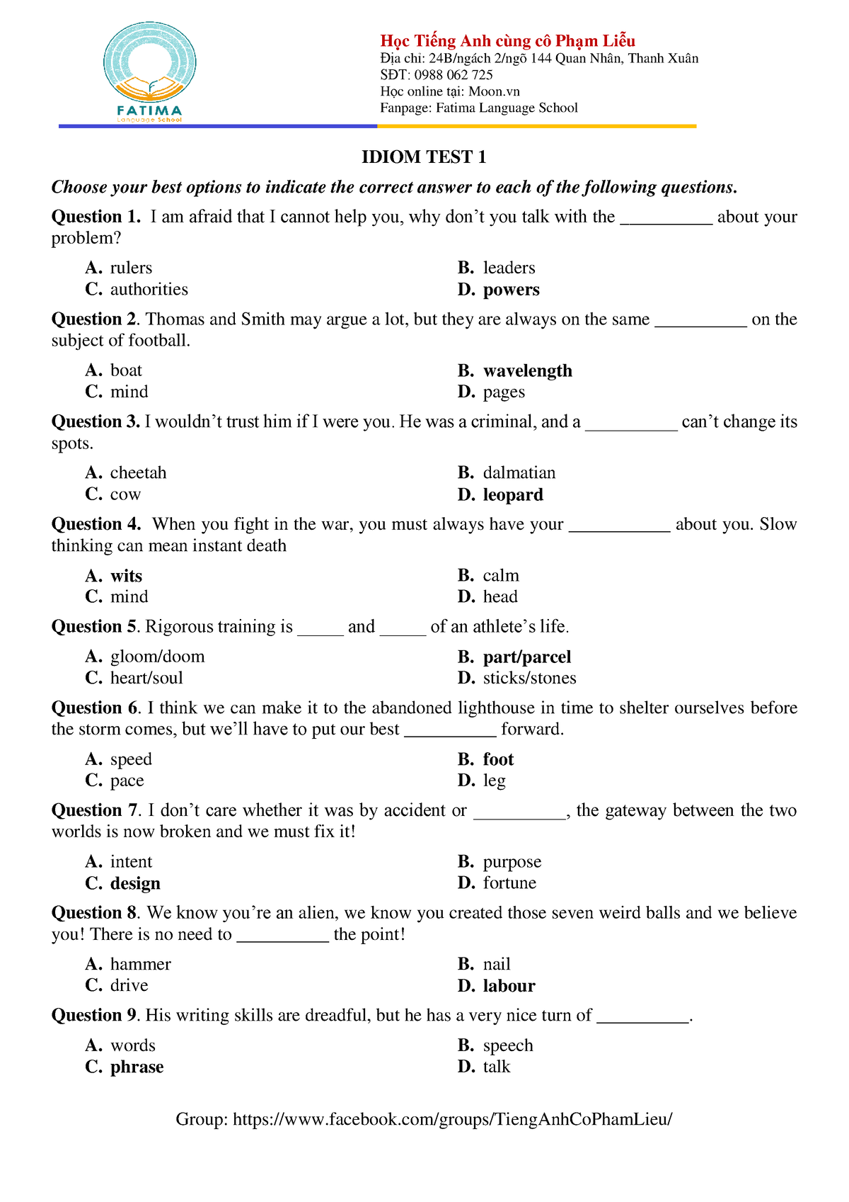 Idiom-Test-1- Cô Phạm Liễu - Địa chỉ: 24B/ngách 2/ngõ 144 Quan Nhân ...