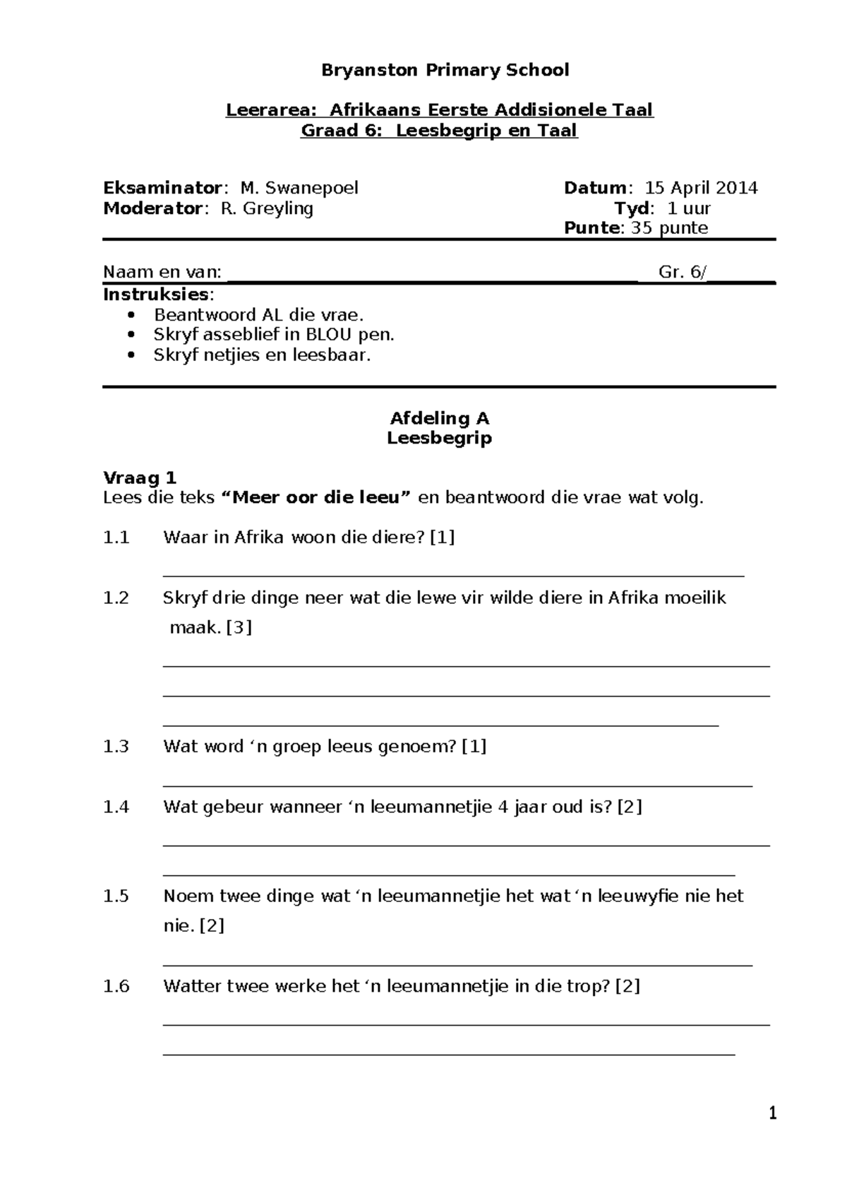 EAT Graad 6 klastoets - begrip en taal - Bryanston Primary School ...