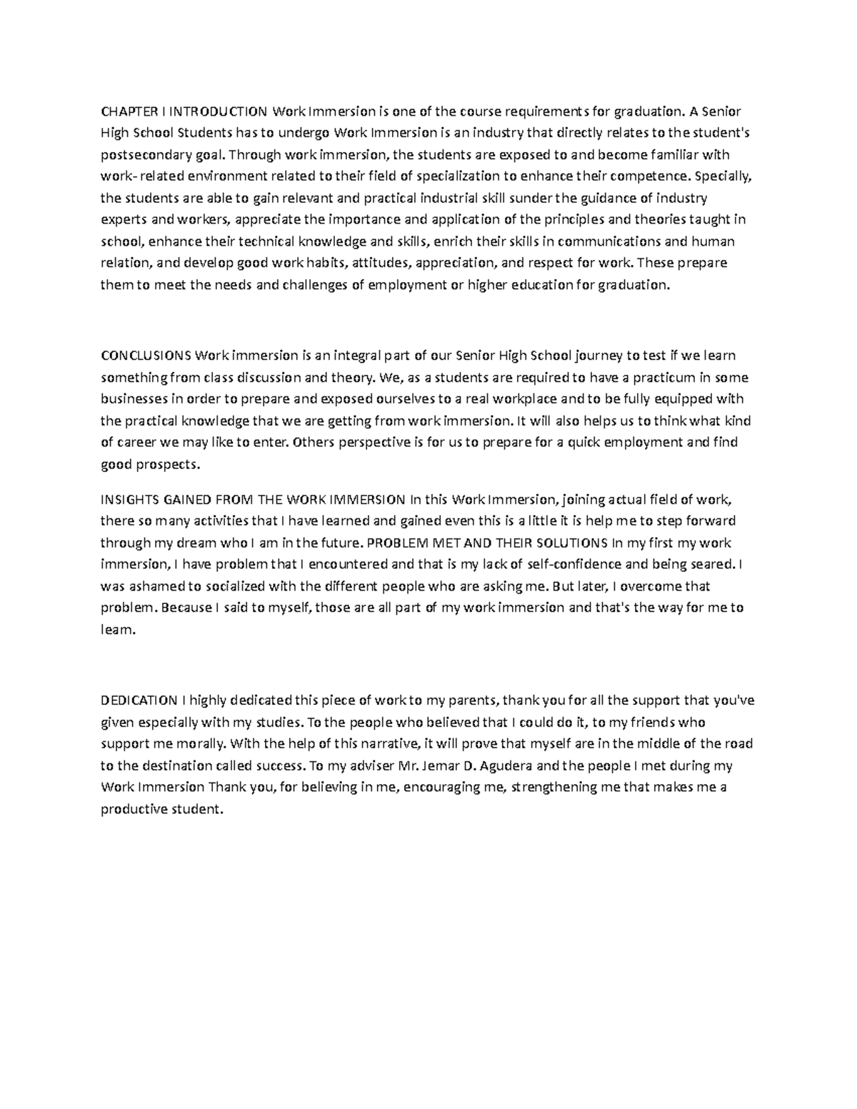 Piena - CHAPTER I INTRODUCTION Work Immersion is one of the course ...