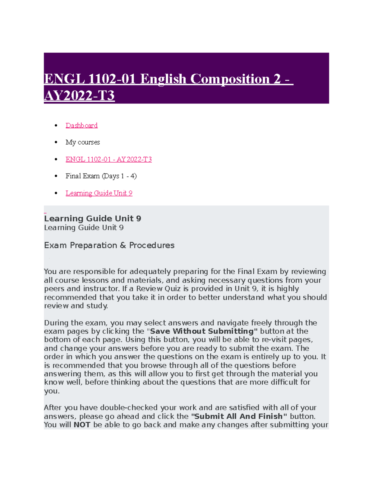 English Learning Guide Unit 9 ENGL 1102 - ENGL 1102-01 English ...