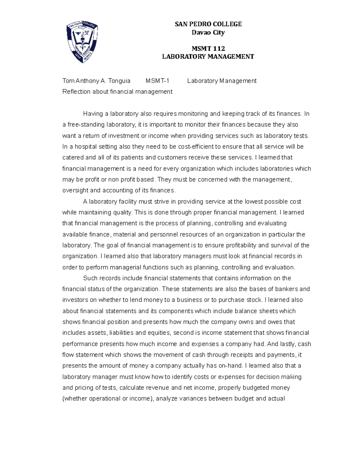Reflection paper about financial management Tom Anthony A. Tonguia