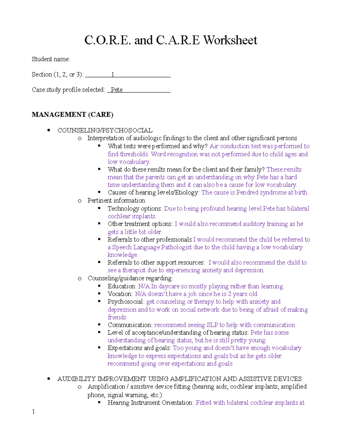 CARE worksheet - C.O.R. and C.A.R Worksheet Student name: Section (1, 2 ...