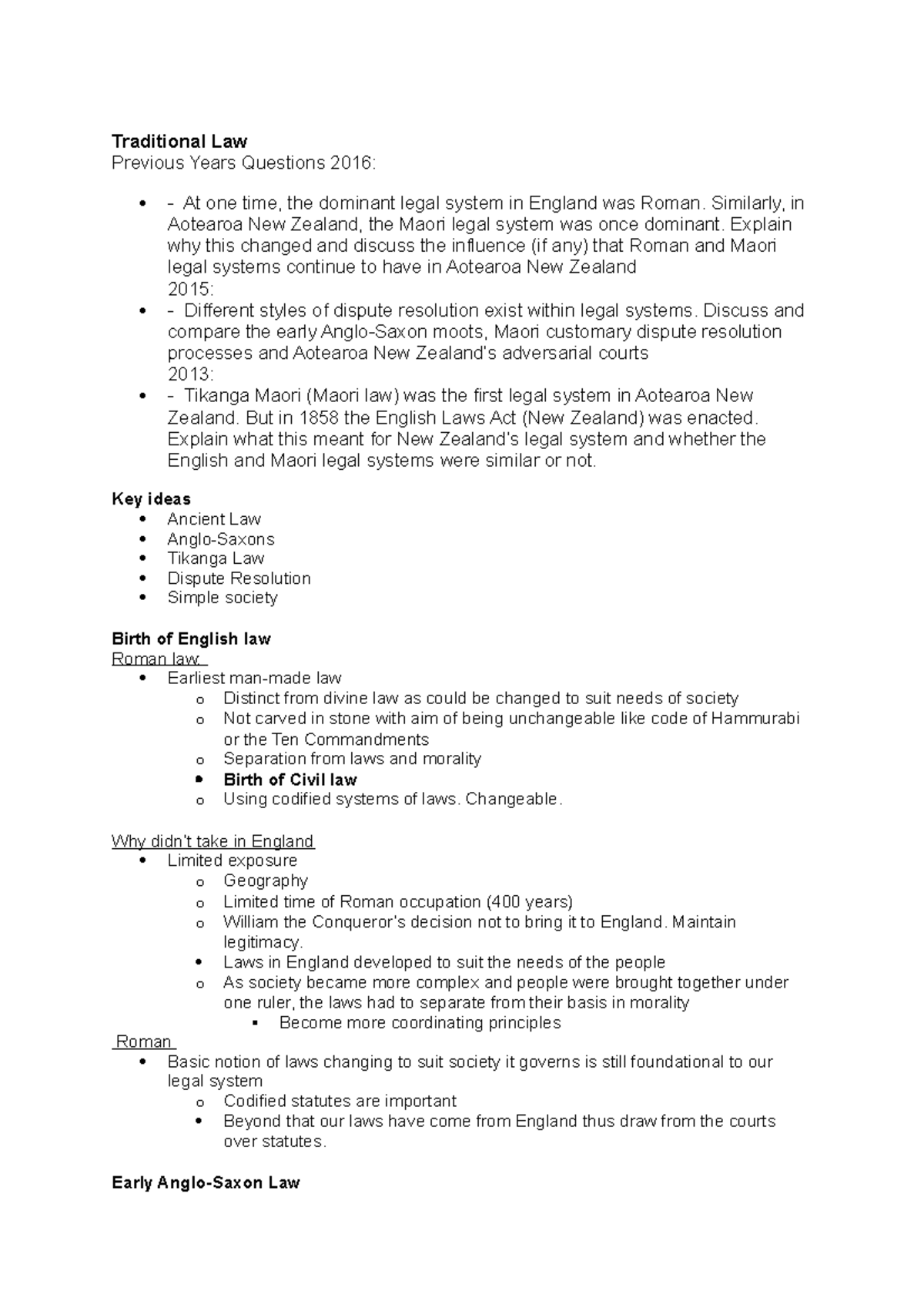 Traditional Law LAWS101 Traditional Law Previous Years Questions