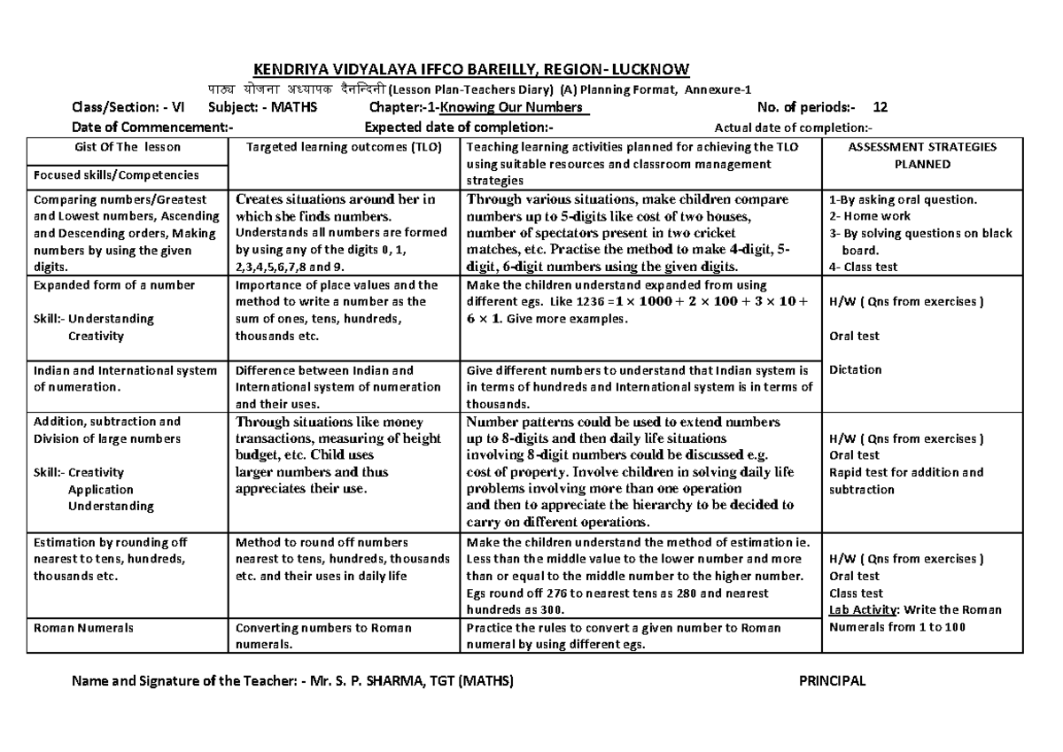 Class VI Maths Lesson PLAN - KENDRIYA VIDYALAYA IFFCO BAREILLY, REGION ...