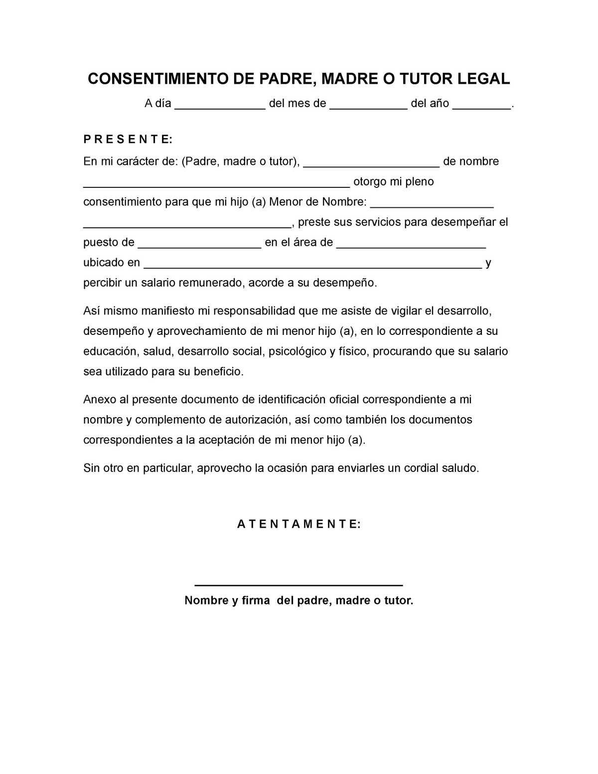 Consentimiento DE Padre Laboral - CONSENTIMIENTO DE PADRE, MADRE O ...