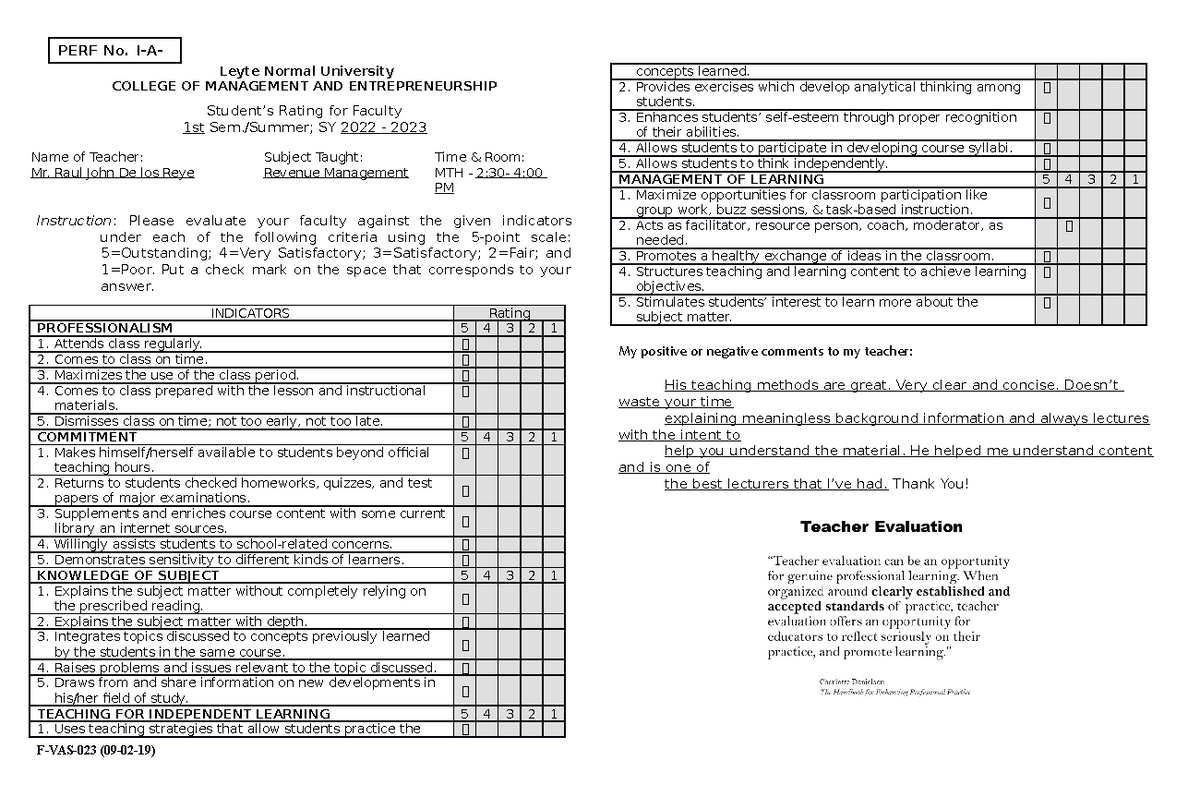 23 FPES Students Rating Form - Leyte Normal University COLLEGE OF ...