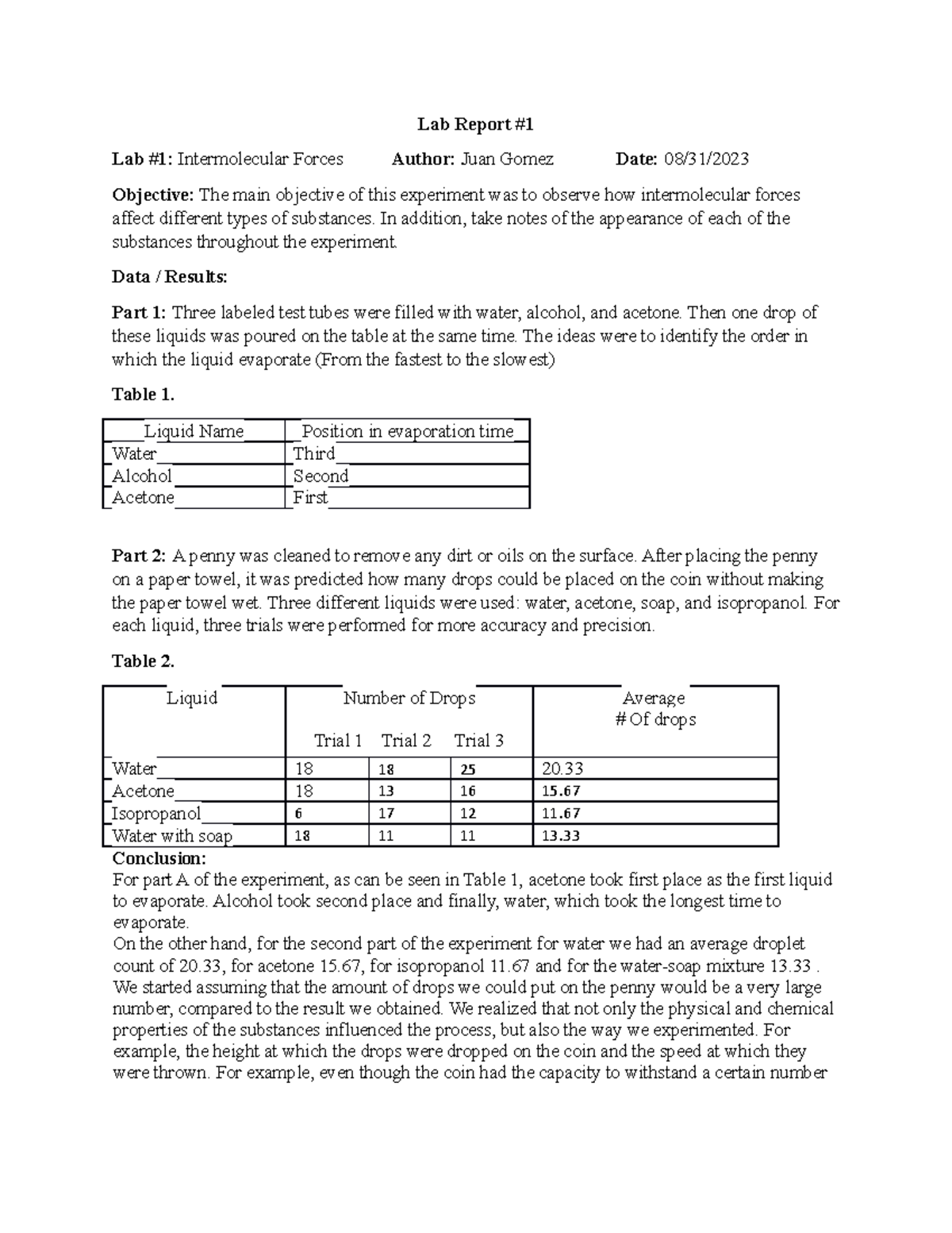 Lab Report 1 Intermolecular forces Lab Report Lab 1 Intermolecular