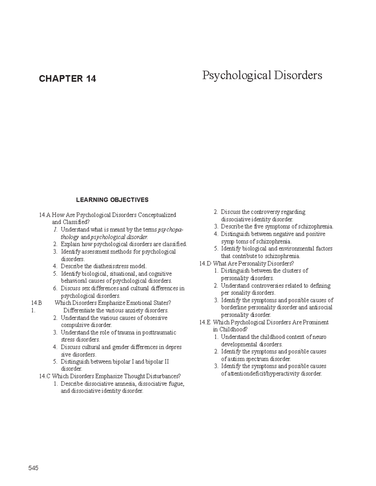 Chapter 14 Practice Without Answer Key- Psychological Disorder ...