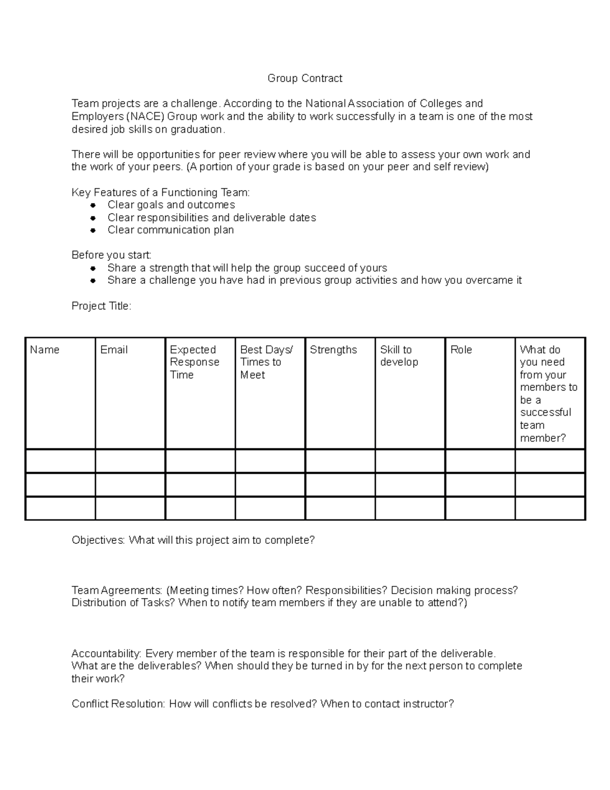 Group Contract Form - Group Contract Team projects are a challenge ...