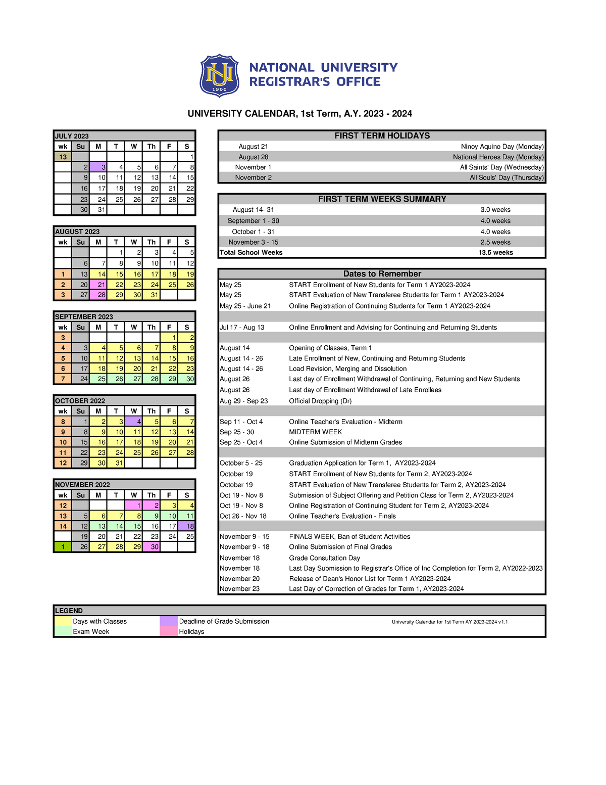 University Calendar (1st Term) - wk Su M T W Th F S August 21 13 1 ...