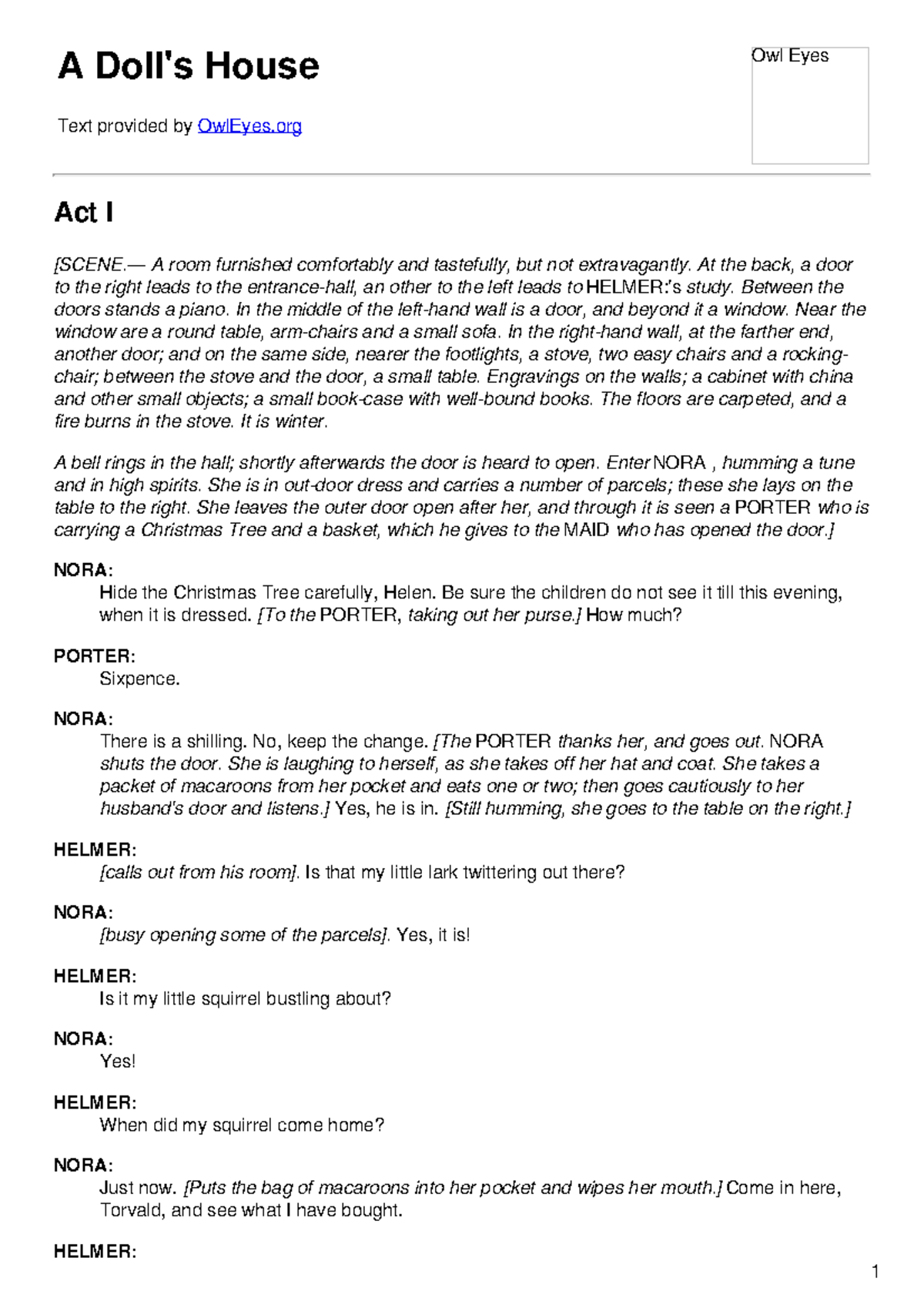 Oe dolls house text summary A Doll's House Text provided by OwlEyes