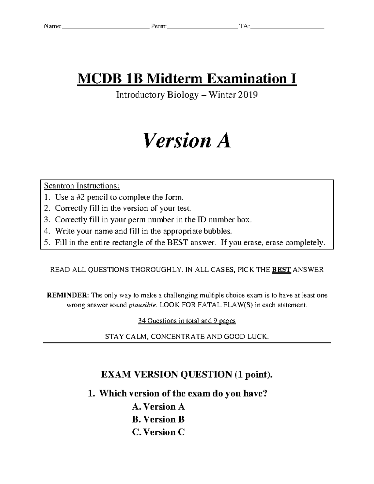 MCDB1B W19 MT1 A - practice midterm - Name ...