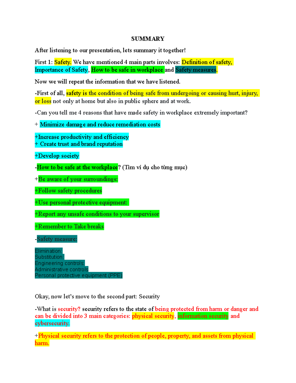 Conclusion - safety and security - SUMMARY After listening to our ...