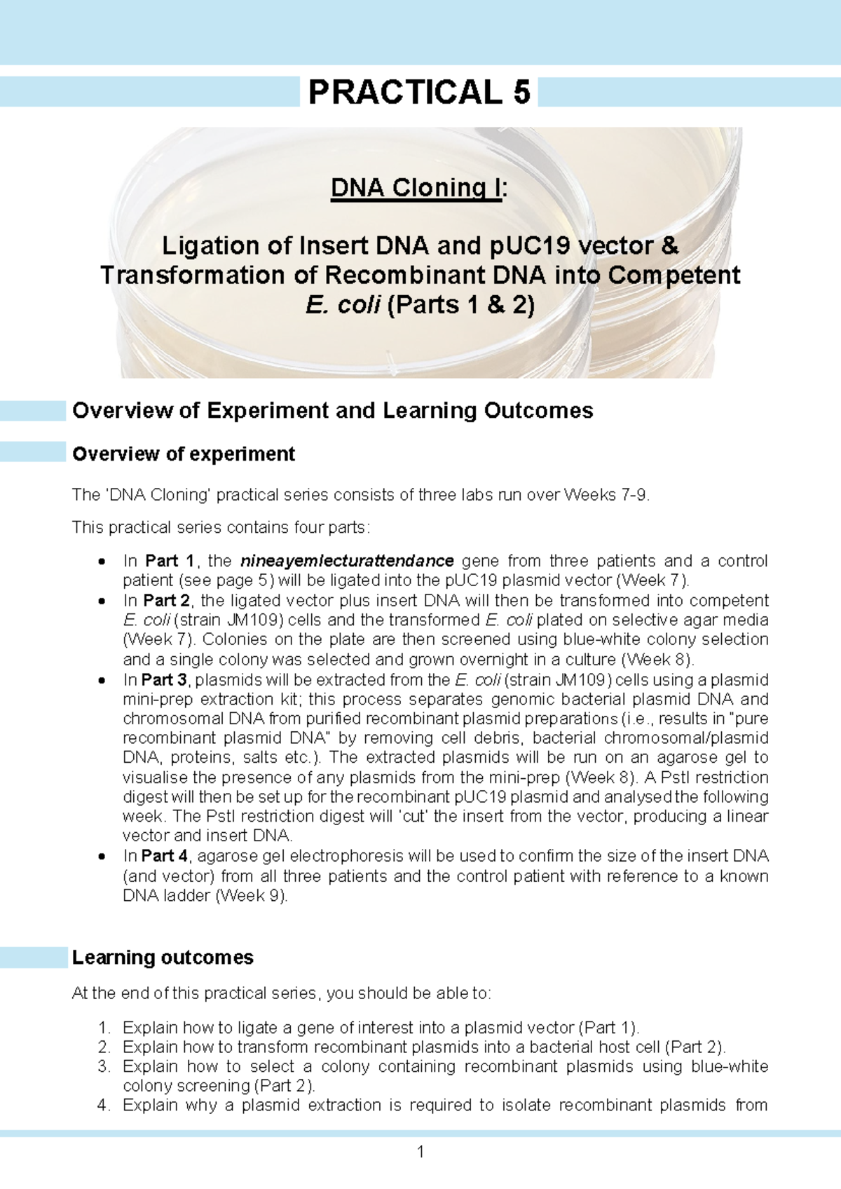 BIOC2201 Practical 5 Week 7 2023 Student Notes (PDF) - PRACTICAL 5 DNA ...