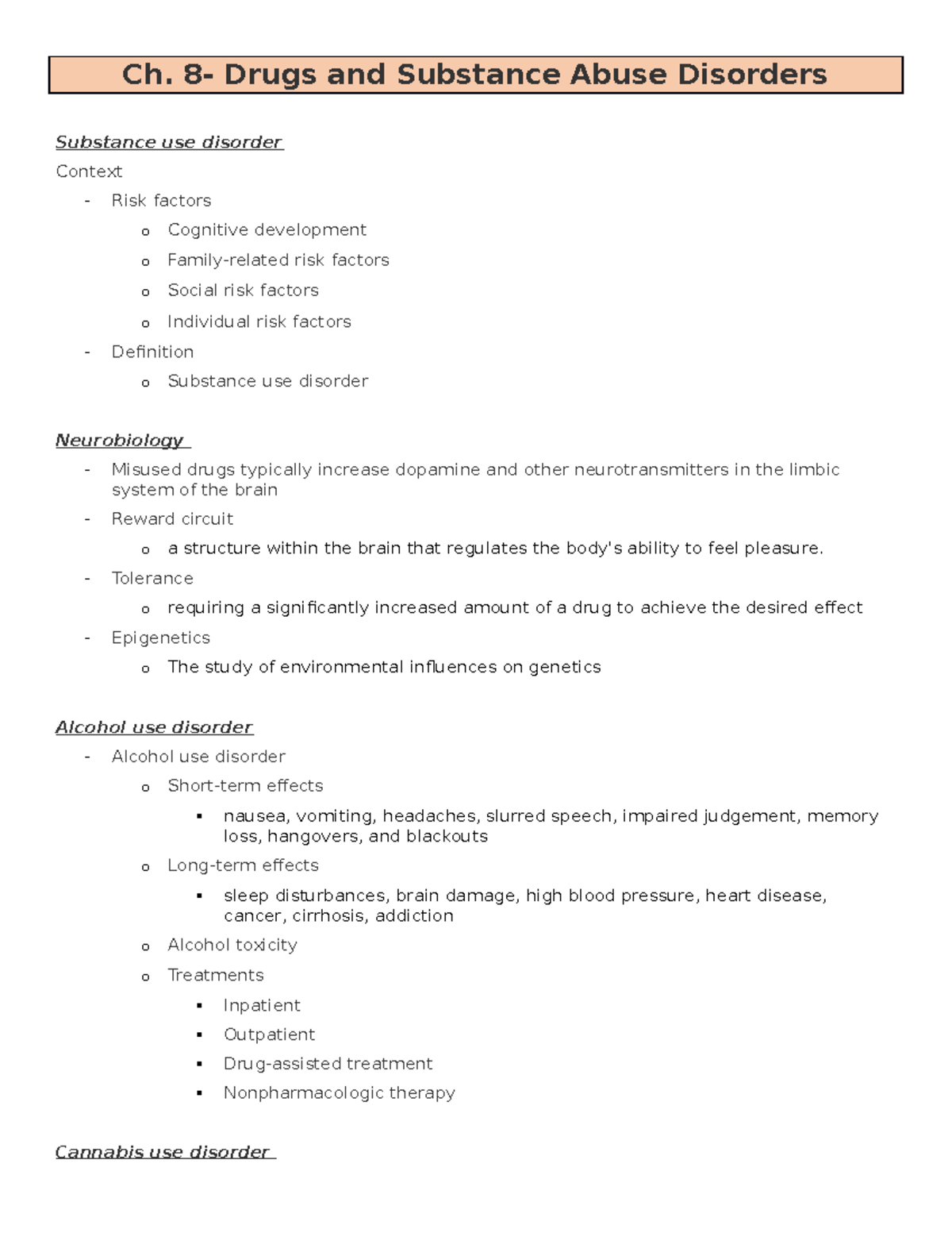 Pharm- CH8 - Ch. 8- Drugs and Substance Abuse Disorders Substance use ...