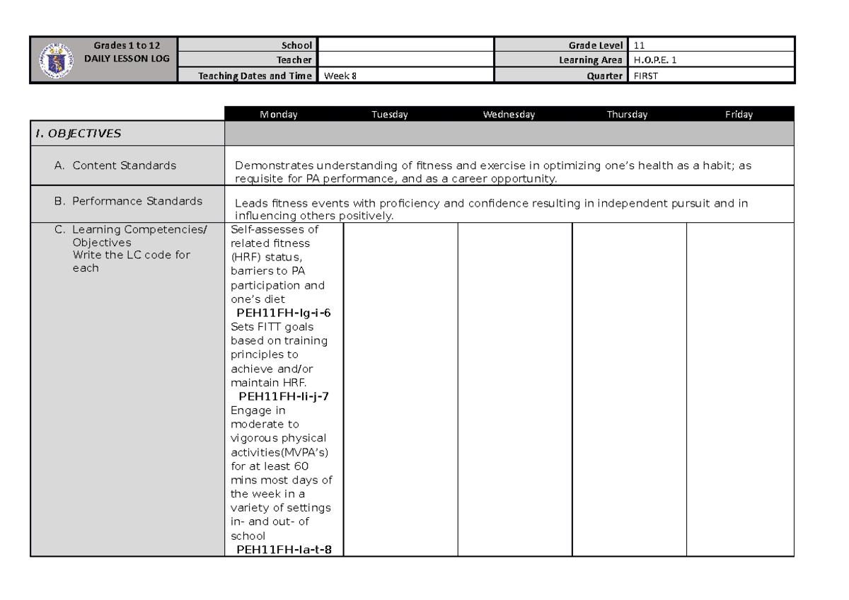 Week 8 - Copy - n/a - Grades 1 to 12 DAILY LESSON LOG School Grade ...