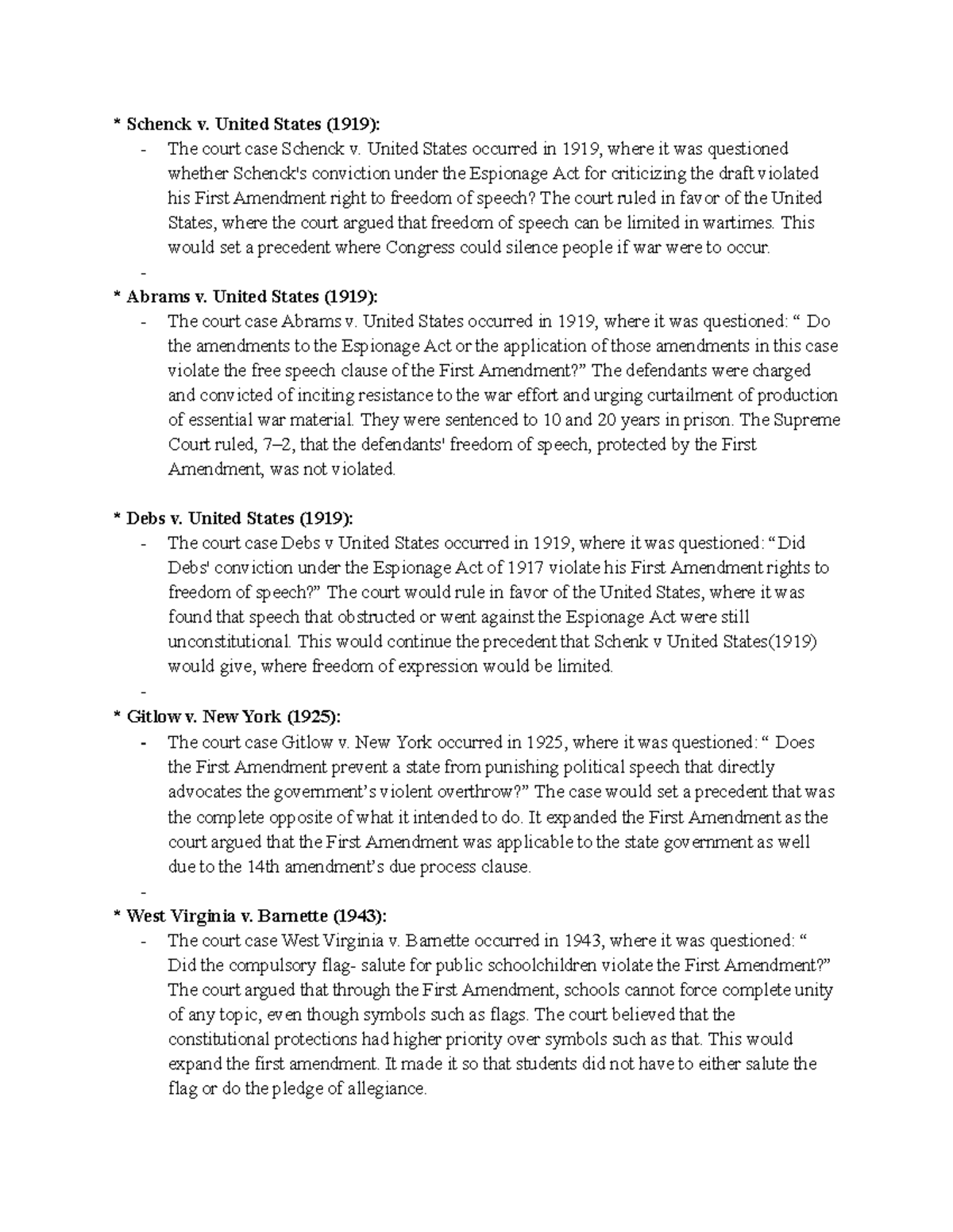AP Gov Freedom of Expression Abstract Schenck v. United States