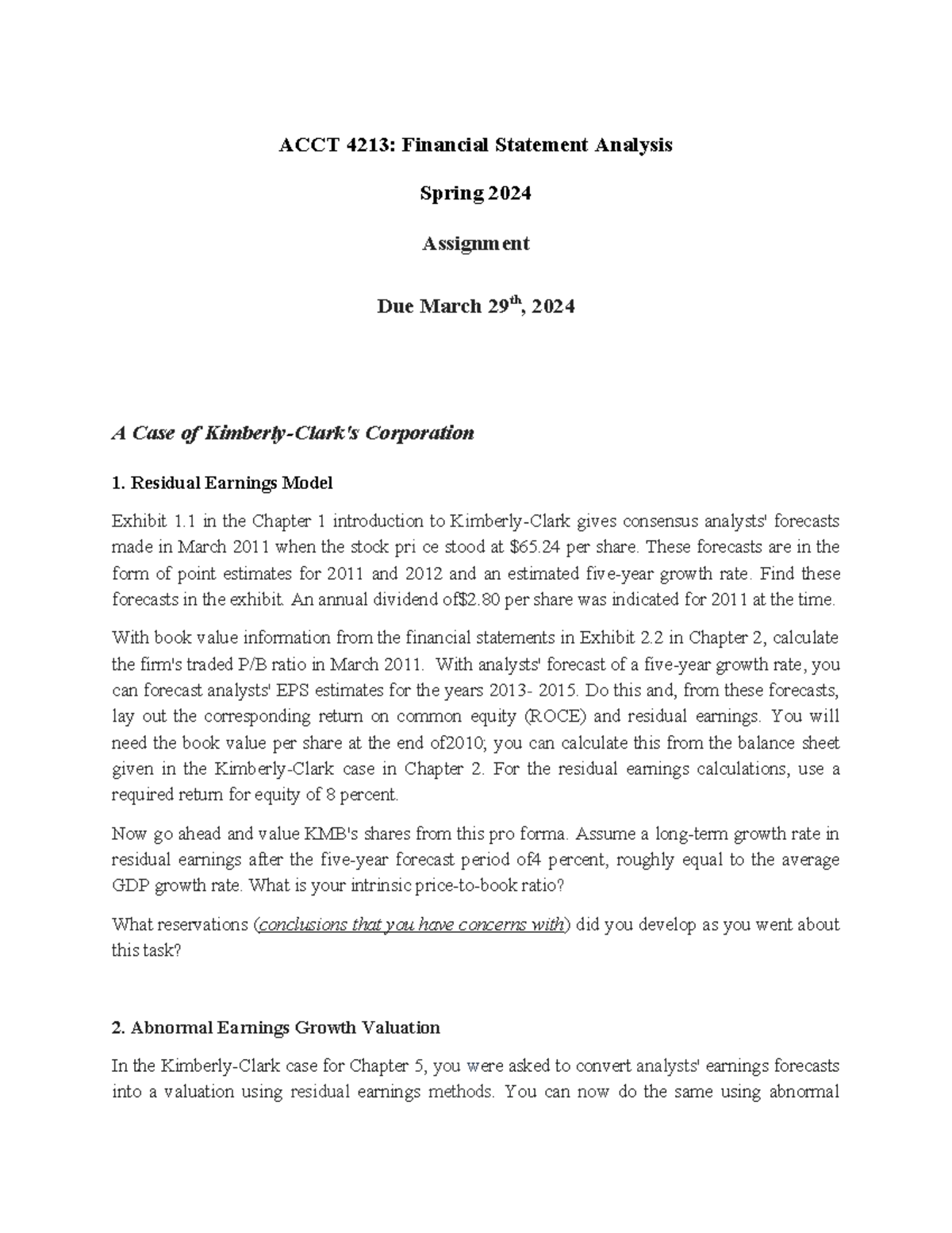 KMB case as Assignment 2024 - ACCT 4213: Financial Statement Analysis ...