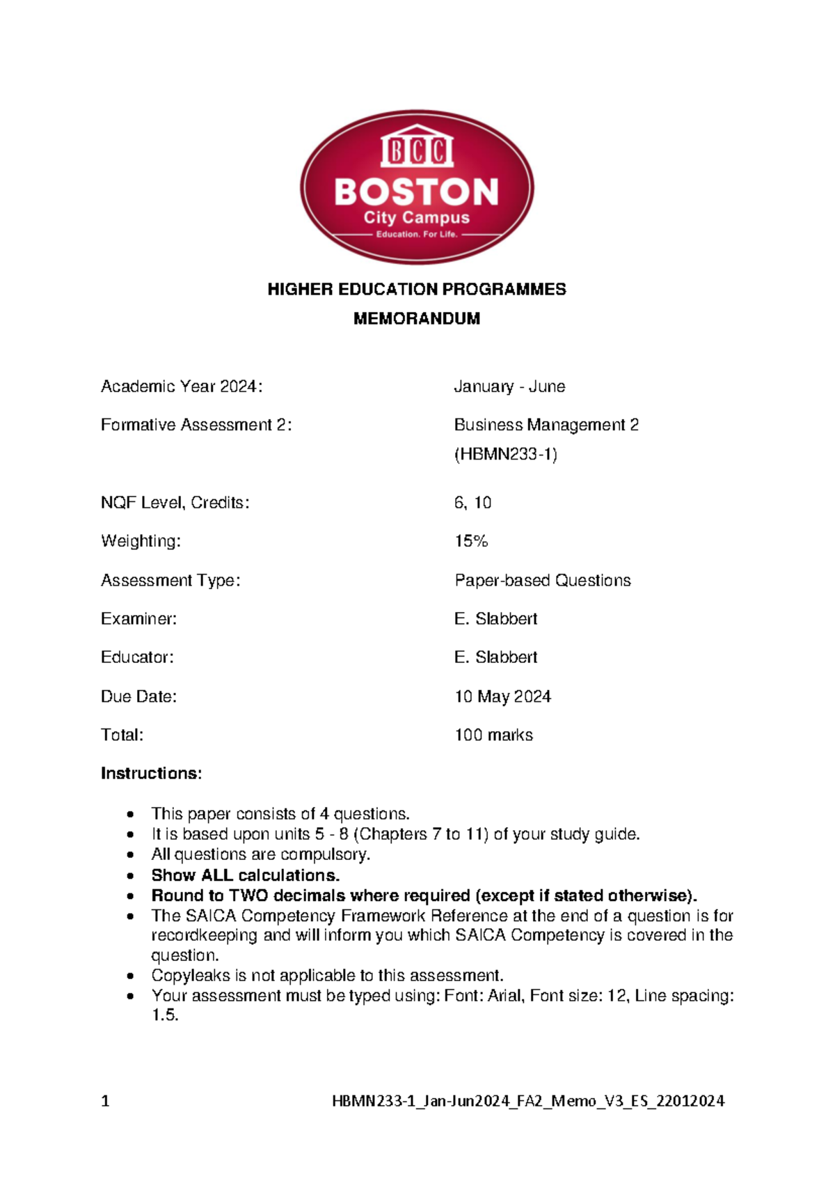 HBMN233-1 Jan-Jun2024 FA2 Memo V3 ES 22012 024 - HIGHER EDUCATION ...