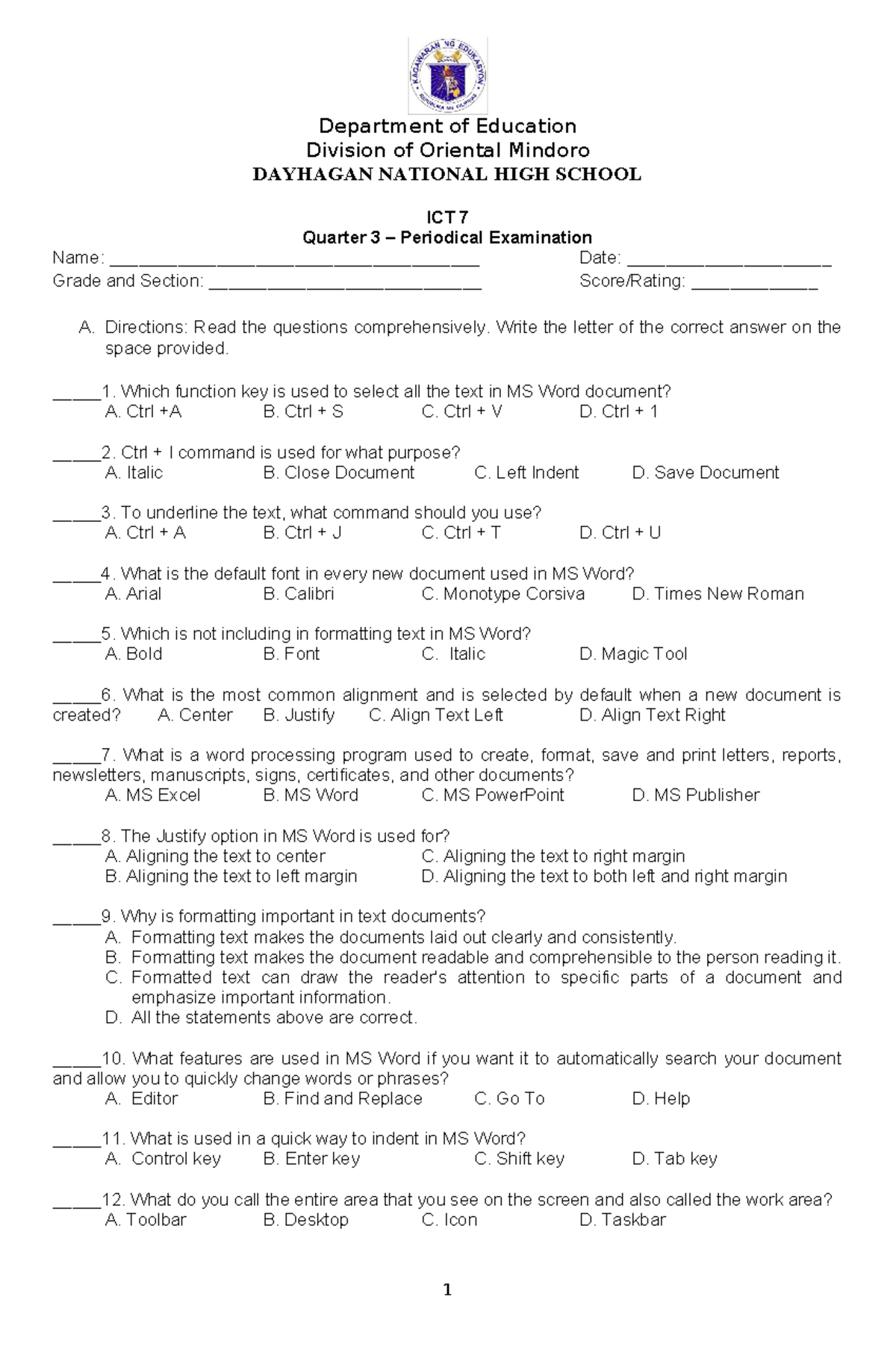 ICT 7 Q3 Periodical Test - Department of Education Division of Oriental ...