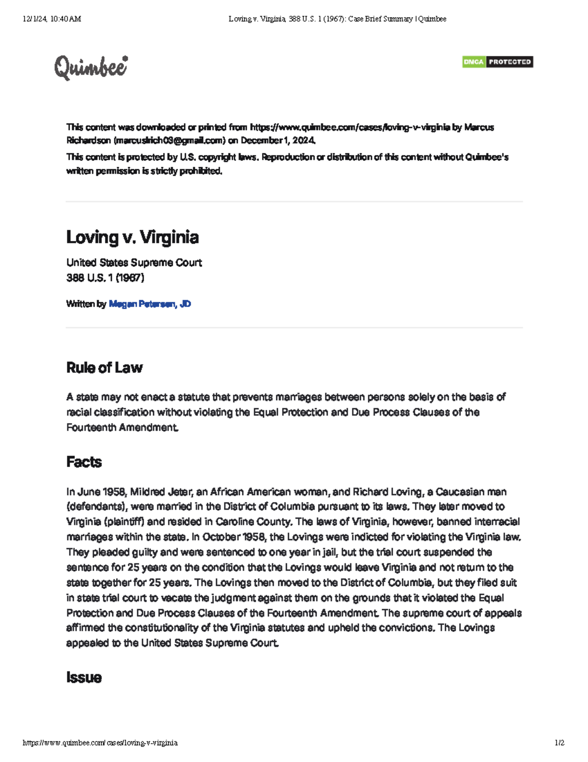 Loving v. Virginia, 388 U.S. 1 (1967) Case Brief Summary Quimbee - This ...