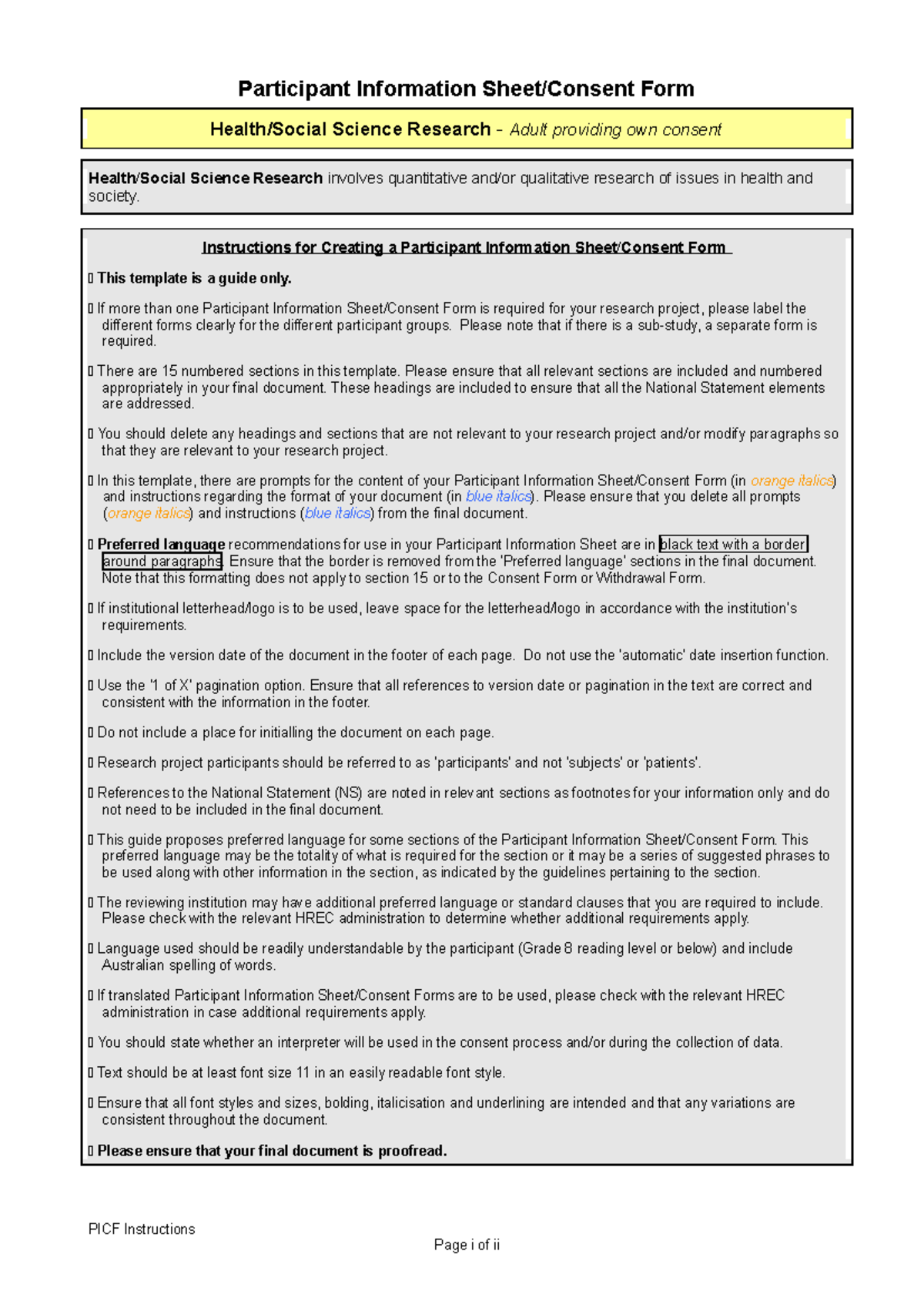 Example Only PICF-health-social-science-self - Participant Information ...
