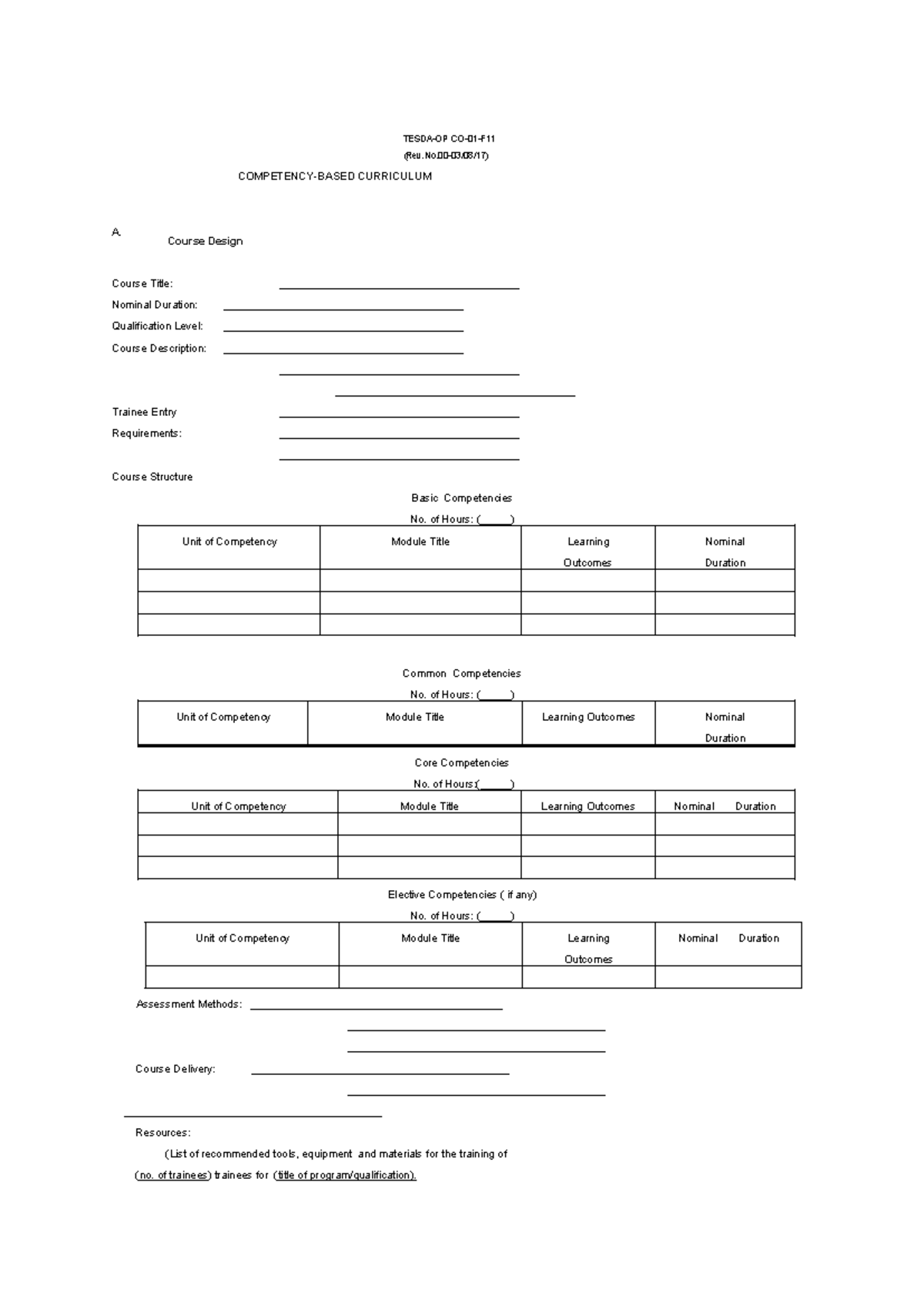 Competency Based Curriculum Template - TESDA-OP CO-01-F (Rev.No-03/08 ...