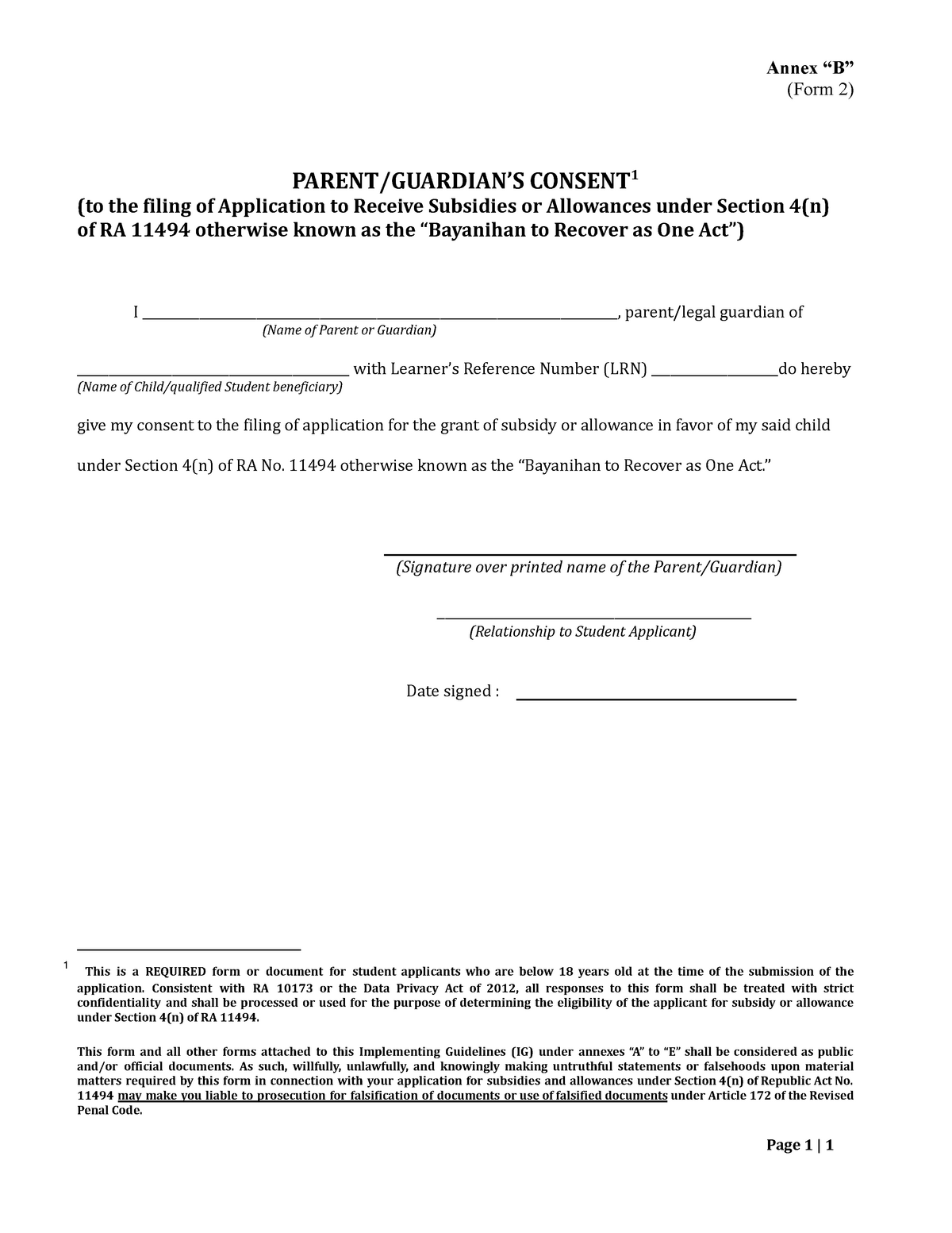 Annex B Annex B Bayanihan - Annex “B” (Form 2) PARENT/GUARDIAN’S ...