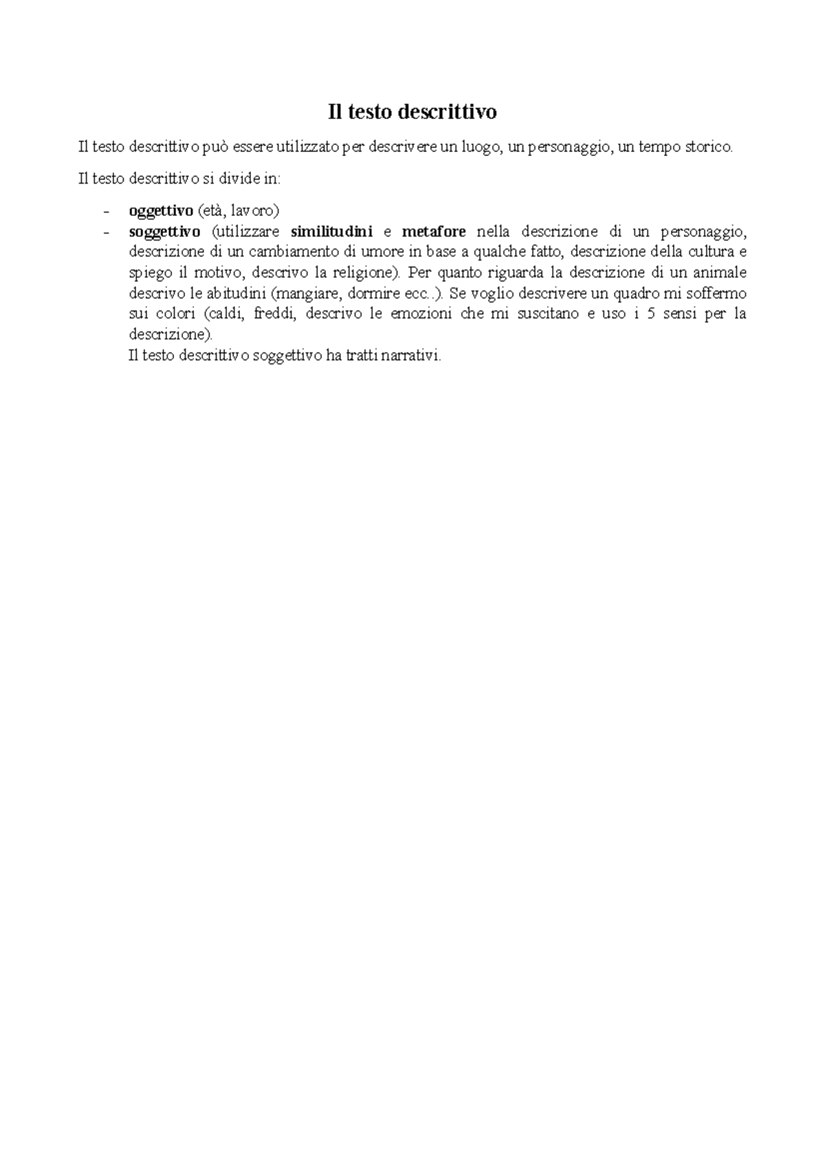 Il testo descrittivo - Il testo descrittivo si divide in: oggettivo ...