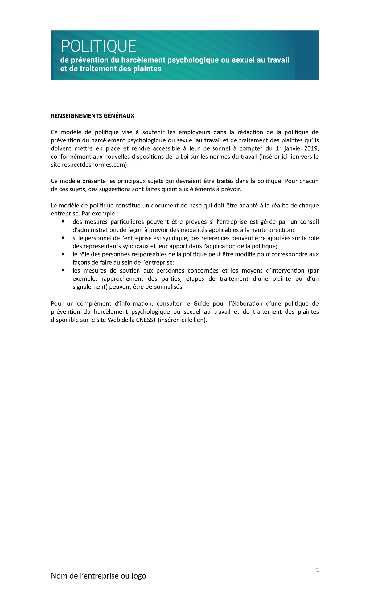 Mod Ã¨le politique Cnesst - RENSEIGNEMENTS GÉNÉRAUX Ce modèle de ...