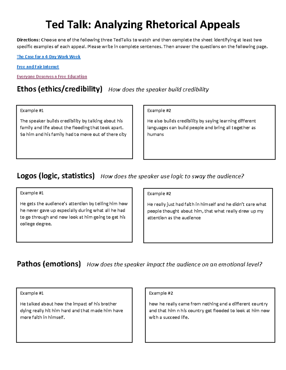 Ted Talk Rhetorical Appeals Analysis Ted Talk Analyzing Rhetorical