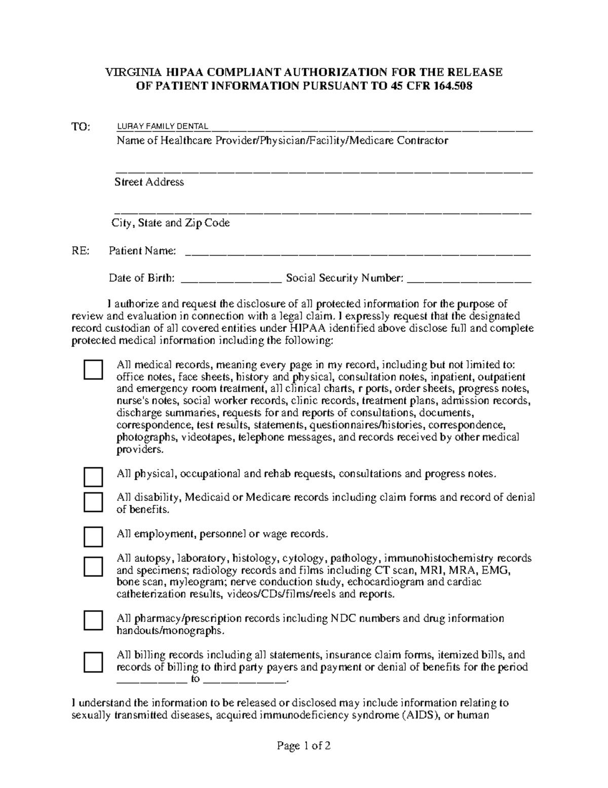 Virginia Hipaa Medical Release Form VIRGINIA HIPAA COMPLIANT AUTHORIZATION FOR THE RELEASE OF