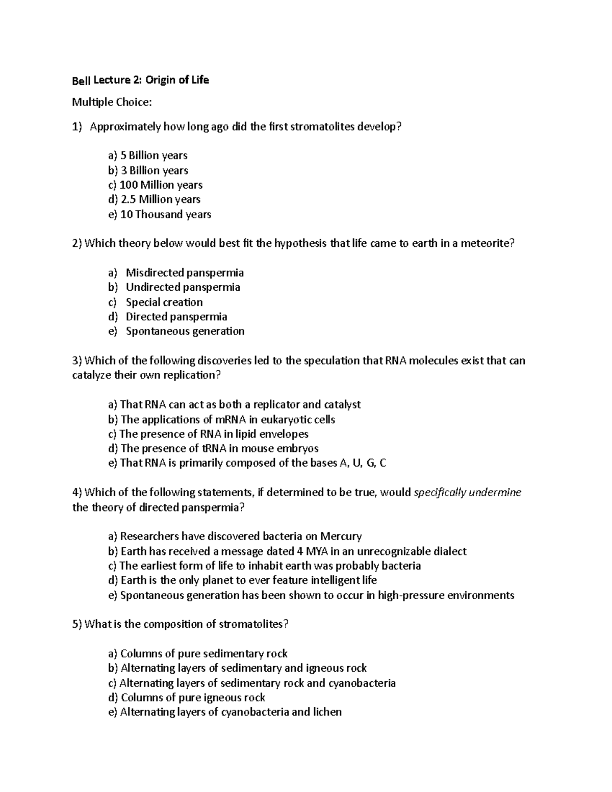 Practice Questions Lecture 2-3 - Bell Lecture 2: Origin of Life Muliple ...